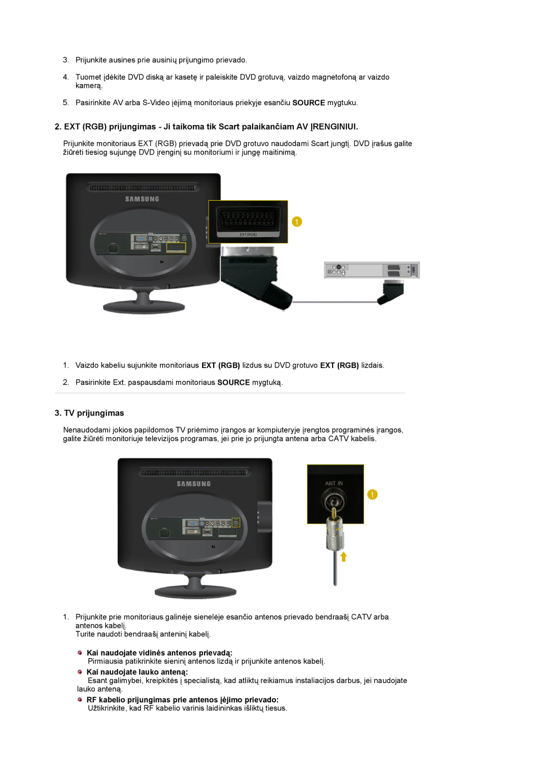 Samsung LS19PMASF/EDC, LS20PMASF/EDC manual Kai naudojate vidinės antenos prievadą, Kai naudojate lauko anteną 