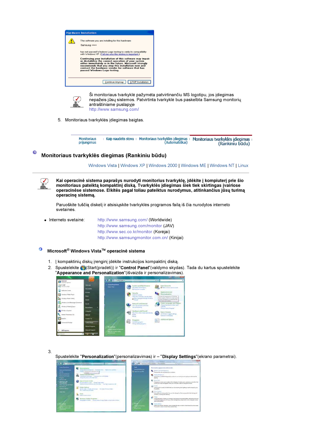 Samsung LS19PMASF/EDC manual Monitoriaus tvarkyklės diegimas Rankiniu būdu, Microsoft Windows Vista operacinė sistema 