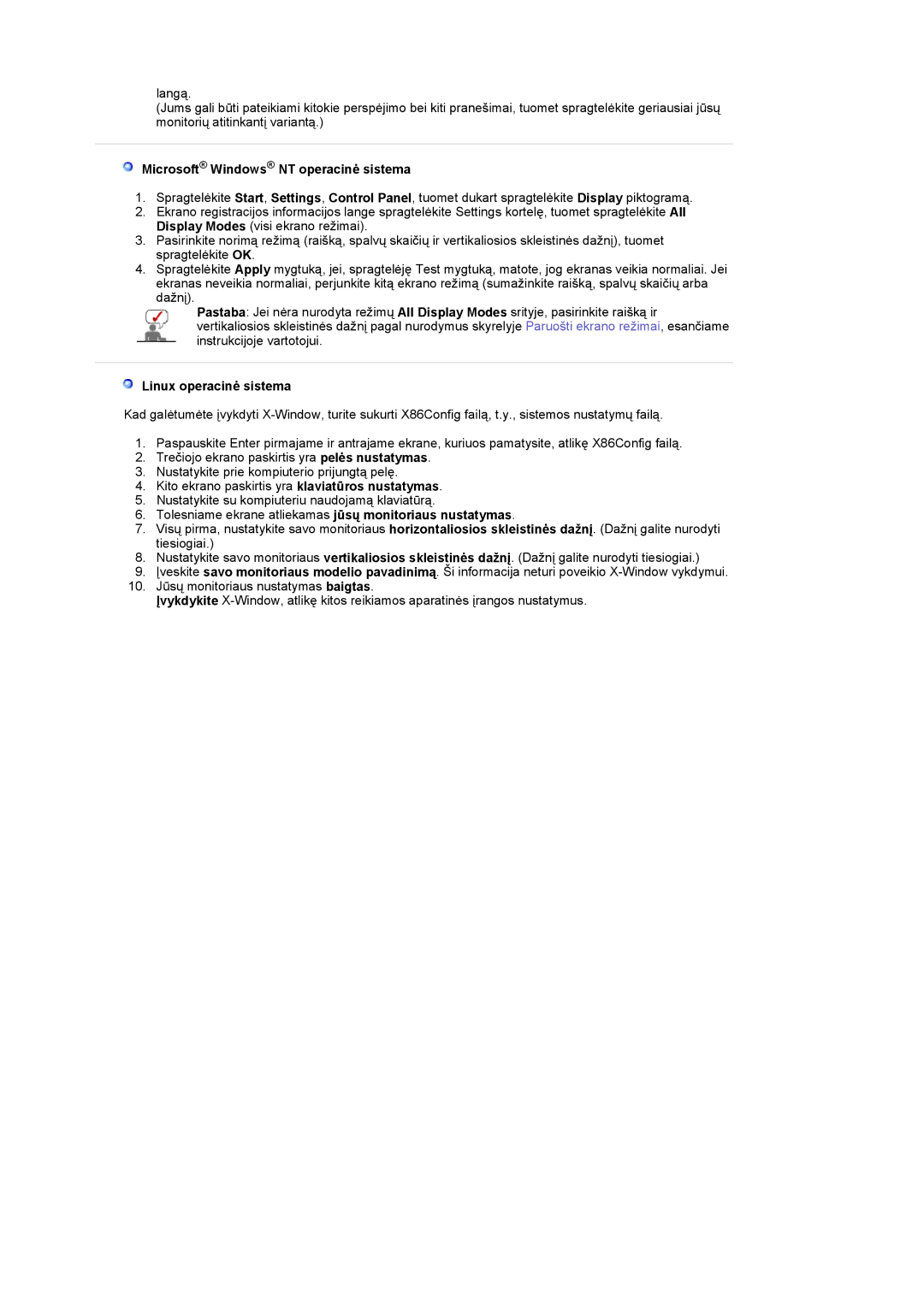 Samsung LS19PMASF/EDC, LS20PMASF/EDC manual Microsoft Windows NT operacinė sistema, Linux operacinė sistema 