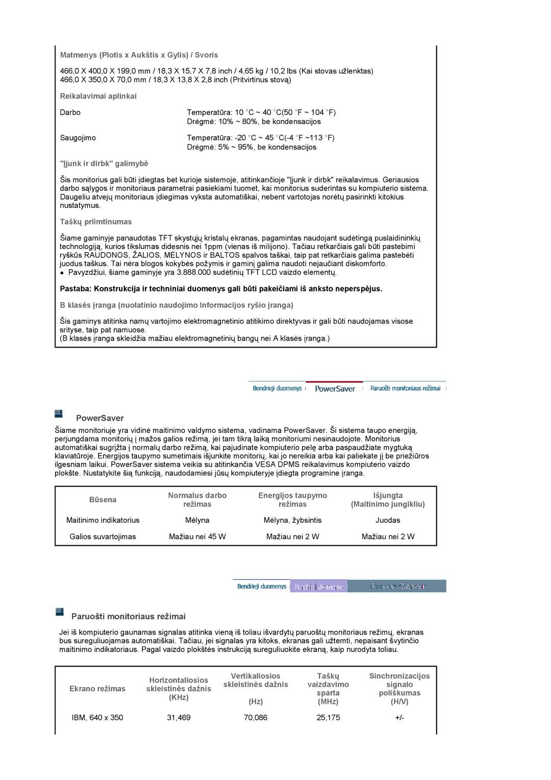 Samsung LS19PMASF/EDC, LS20PMASF/EDC manual PowerSaver, Paruošti monitoriaus režimai 