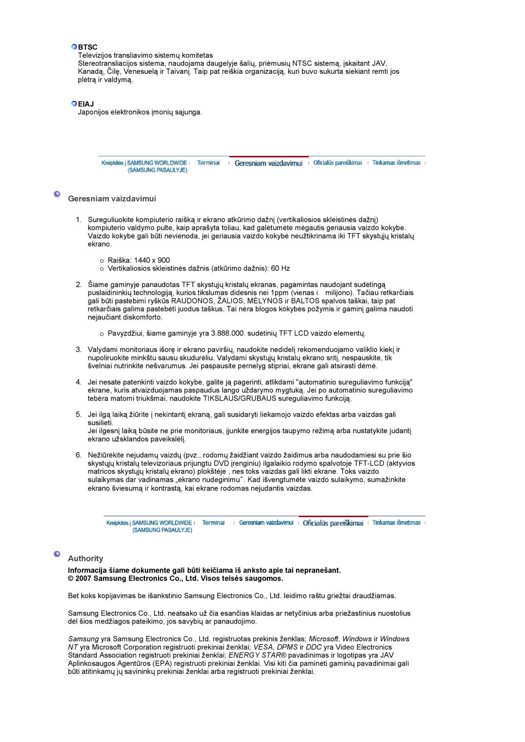 Samsung LS20PMASF/EDC, LS19PMASF/EDC manual Geresniam vaizdavimui, Authority, Btsc, Eiaj 