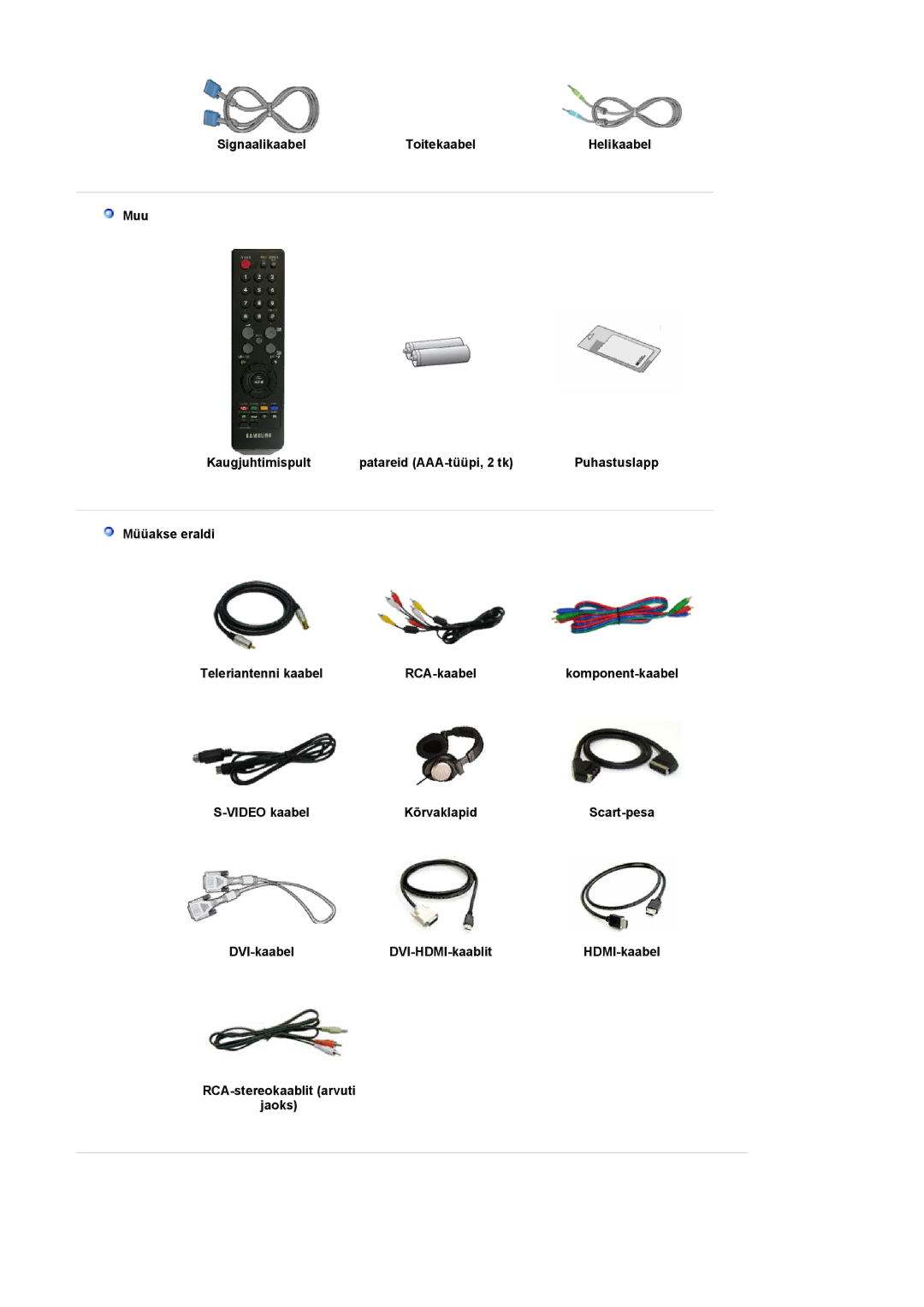 Samsung LS20PMASF/EDC, LS19PMASF/EDC Signaalikaabel Toitekaabel, Video kaabel Kõrvaklapid, DVI-kaabel DVI-HDMI-kaablit 