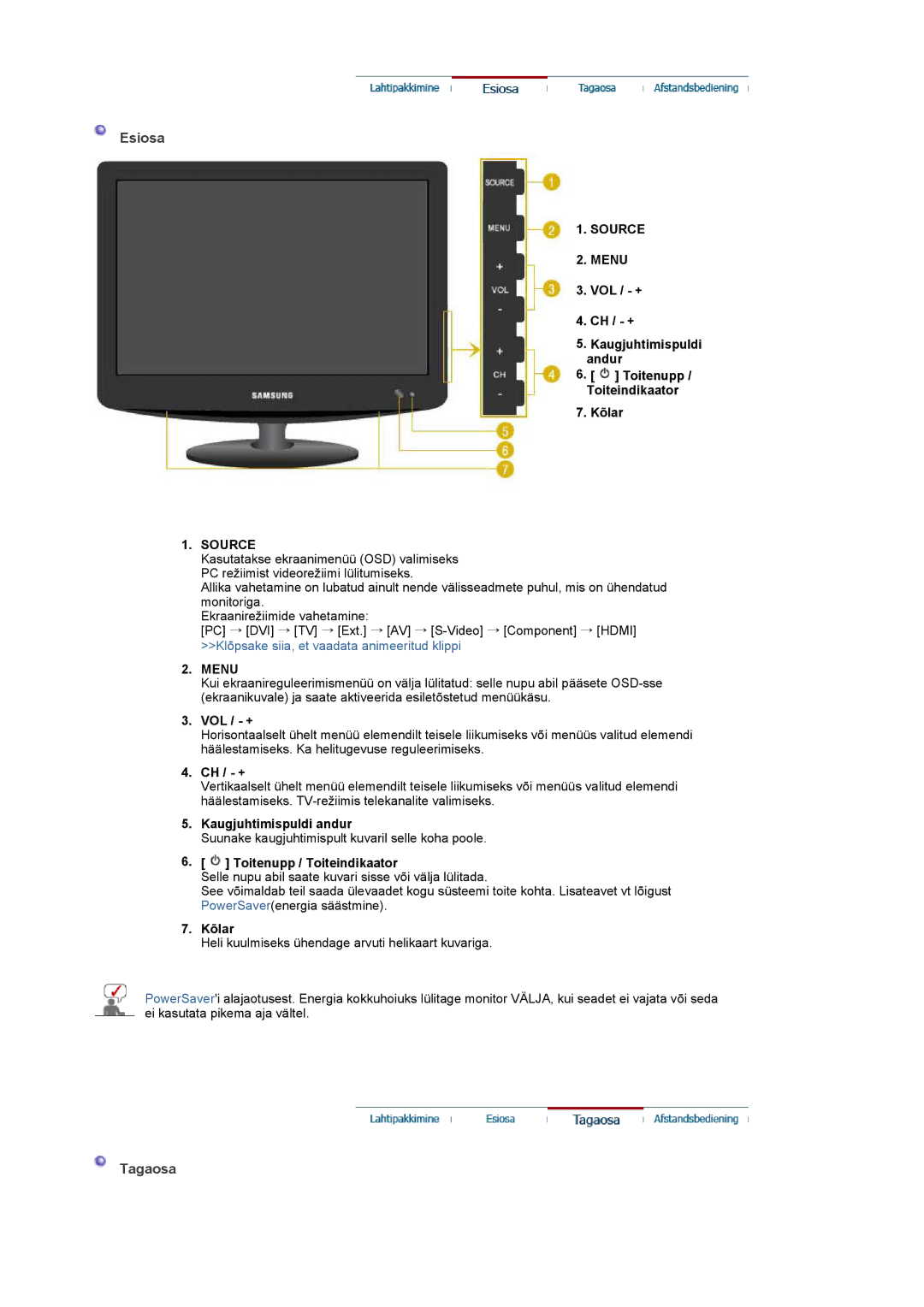 Samsung LS19PMASF/EDC, LS20PMASF/EDC manual Esiosa, Tagaosa, Source Menu 