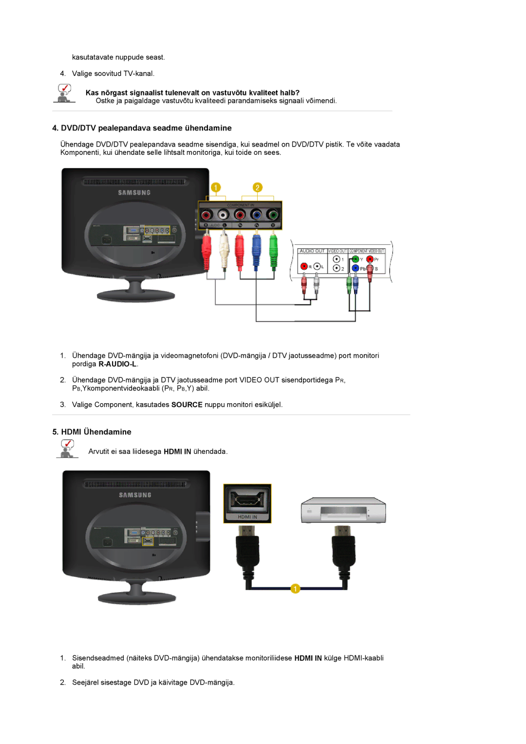 Samsung LS20PMASF/EDC, LS19PMASF/EDC manual DVD/DTV pealepandava seadme ühendamine 