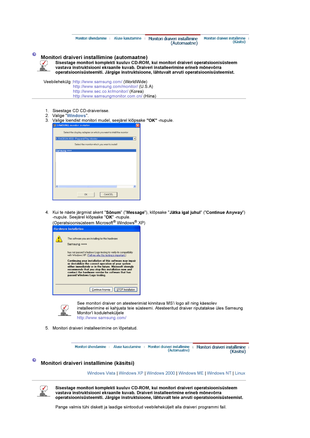 Samsung LS20PMASF/EDC, LS19PMASF/EDC manual Monitori draiveri installimine automaatne 