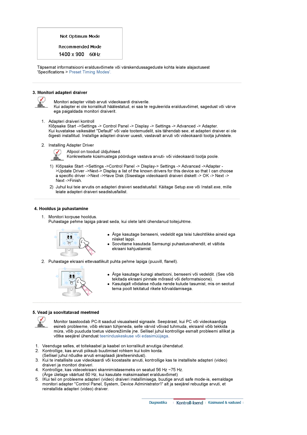 Samsung LS20PMASF/EDC, LS19PMASF/EDC manual Monitori adapteri draiver, Hooldus ja puhastamine, Vead ja soovitatavad meetmed 