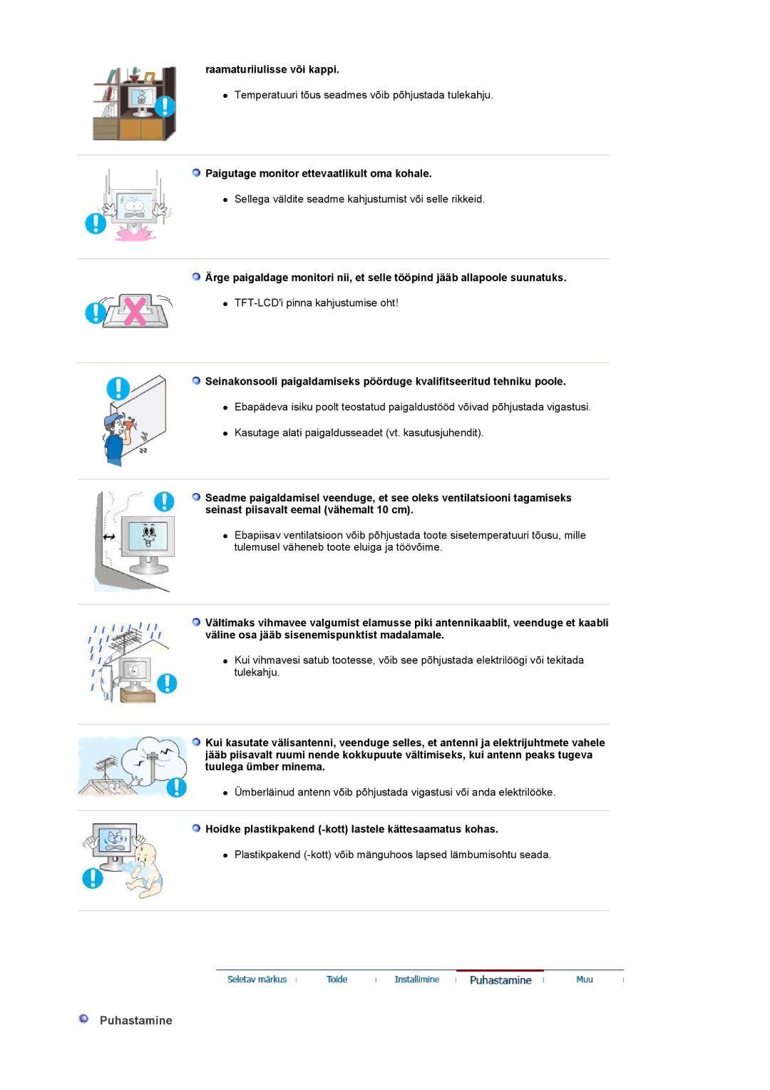 Samsung LS19PMASF/EDC, LS20PMASF/EDC Puhastamine, Raamaturiiulisse või kappi, Paigutage monitor ettevaatlikult oma kohale 