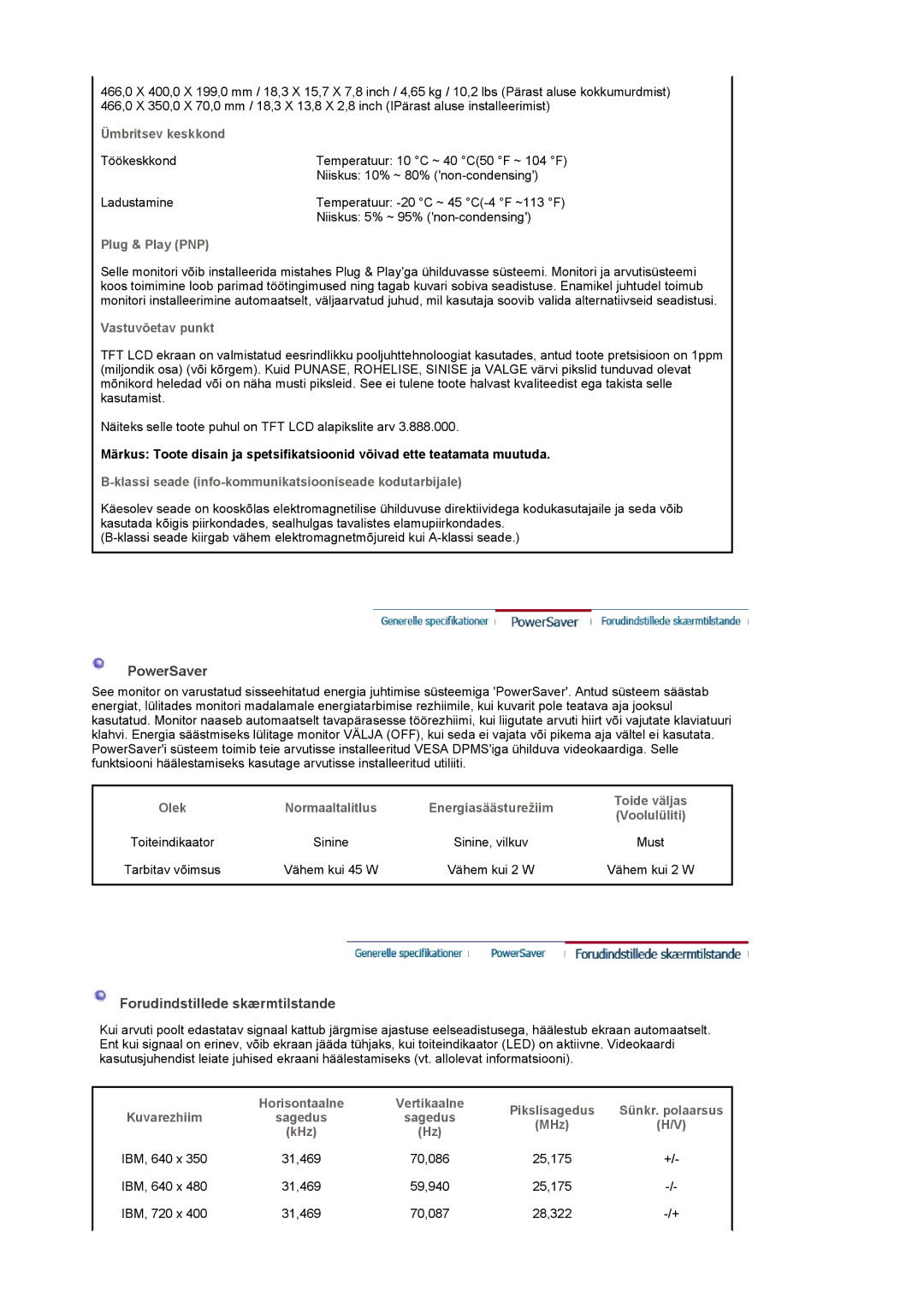 Samsung LS20PMASF/EDC, LS19PMASF/EDC manual PowerSaver, Forudindstillede skærmtilstande 