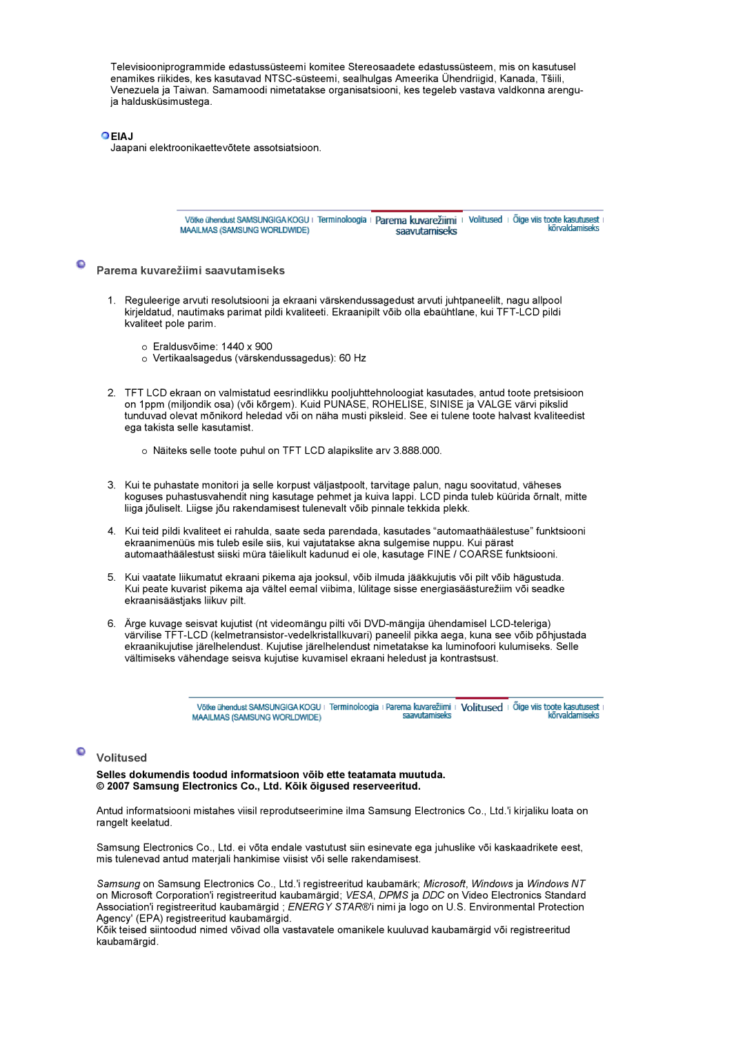 Samsung LS19PMASF/EDC, LS20PMASF/EDC manual Parema kuvarežiimi saavutamiseks, Volitused, Eiaj 