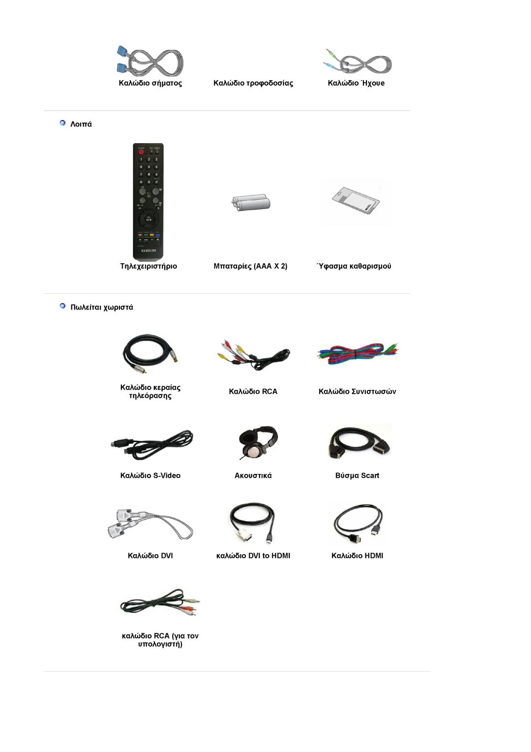 Samsung LS20PMASF/EDC manual Καλώδιο σήµατος Καλώδιο τροφοδοσίας, Λοιπά Τηλεχειριστήριο Μπαταρίες AAA X, Πωλείται χωριστά 