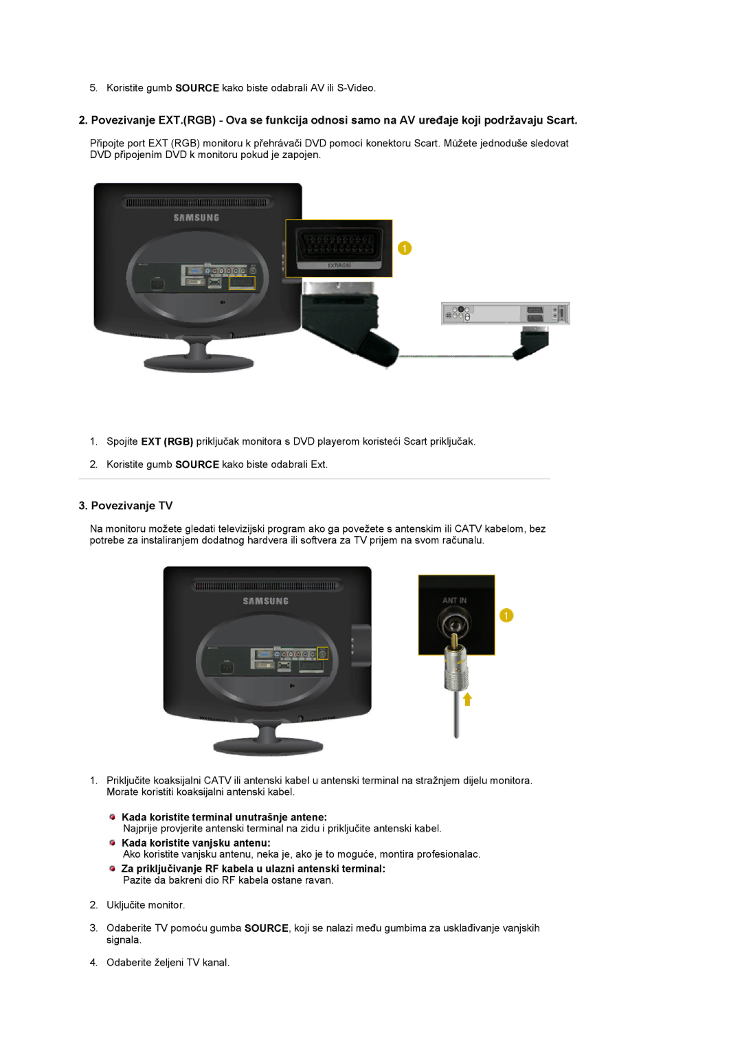 Samsung LS19PMASF/EDC, LS20PMASF/EDC manual Kada koristite terminal unutrašnje antene, Kada koristite vanjsku antenu 