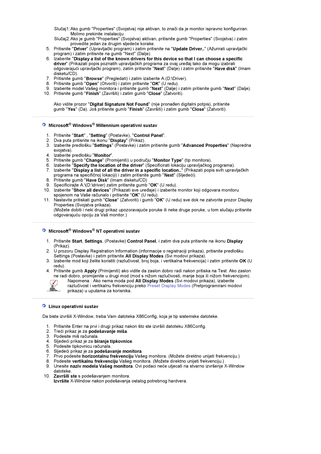 Samsung LS20PMASF/EDC manual Microsoft Windows Millennium operativni sustav, Microsoft Windows NT operativni sustav 