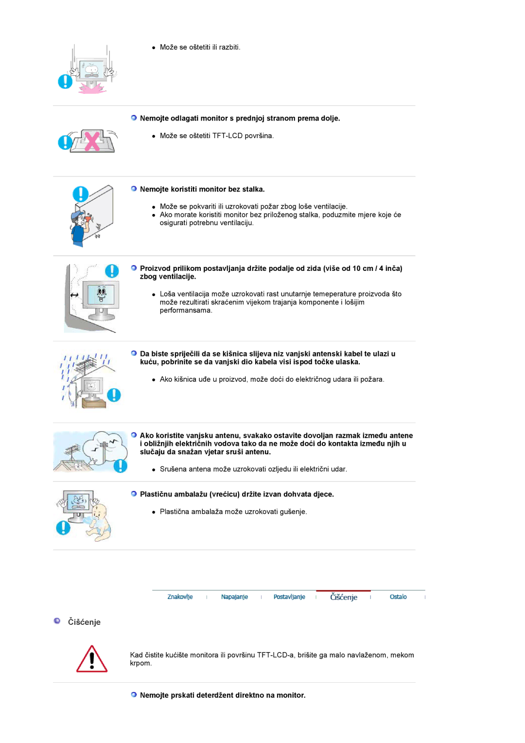 Samsung LS19PMASF/EDC, LS20PMASF/EDC manual Čišćenje, Nemojte odlagati monitor s prednjoj stranom prema dolje 