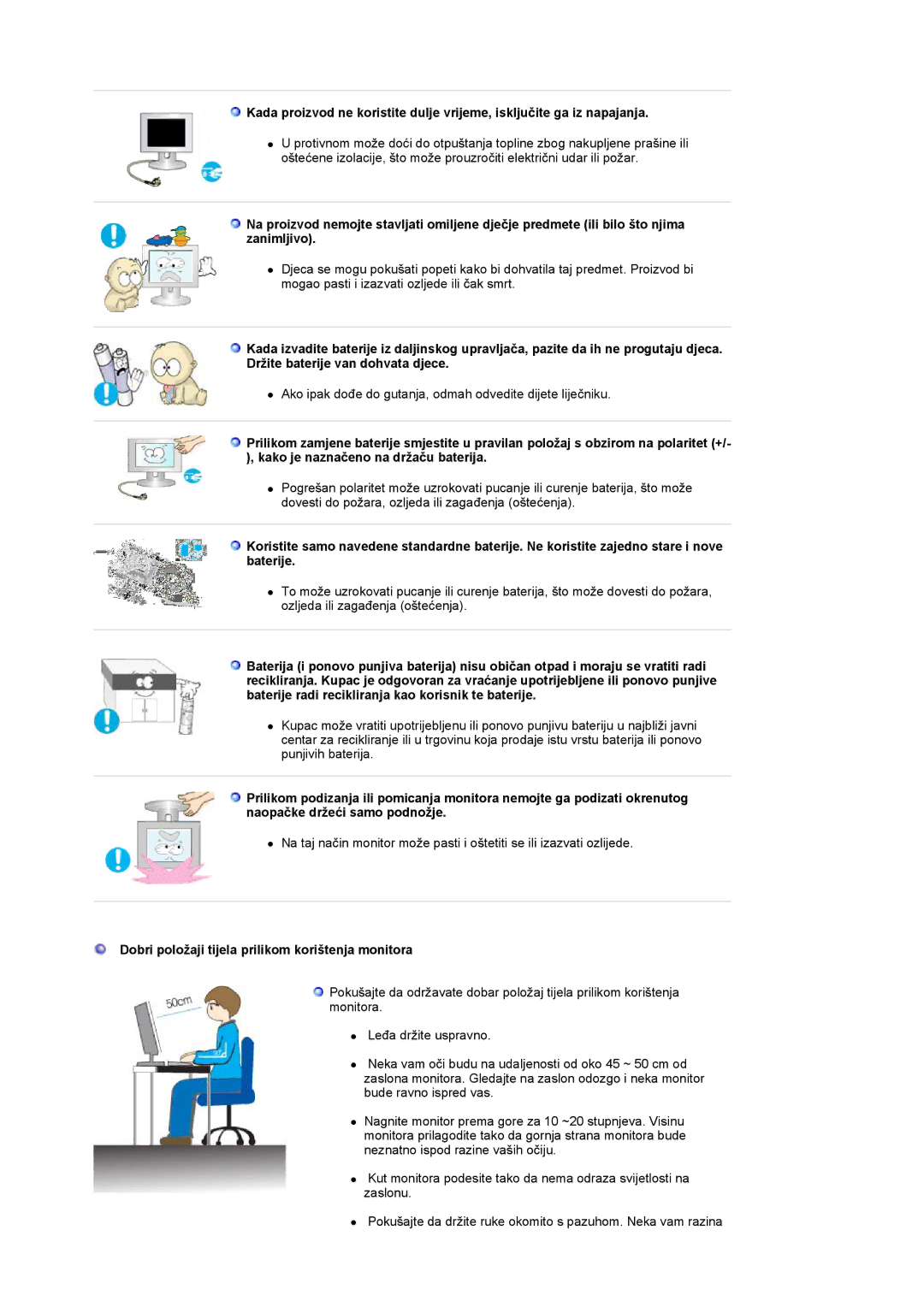 Samsung LS19PMASF/EDC, LS20PMASF/EDC manual Dobri položaji tijela prilikom korištenja monitora 