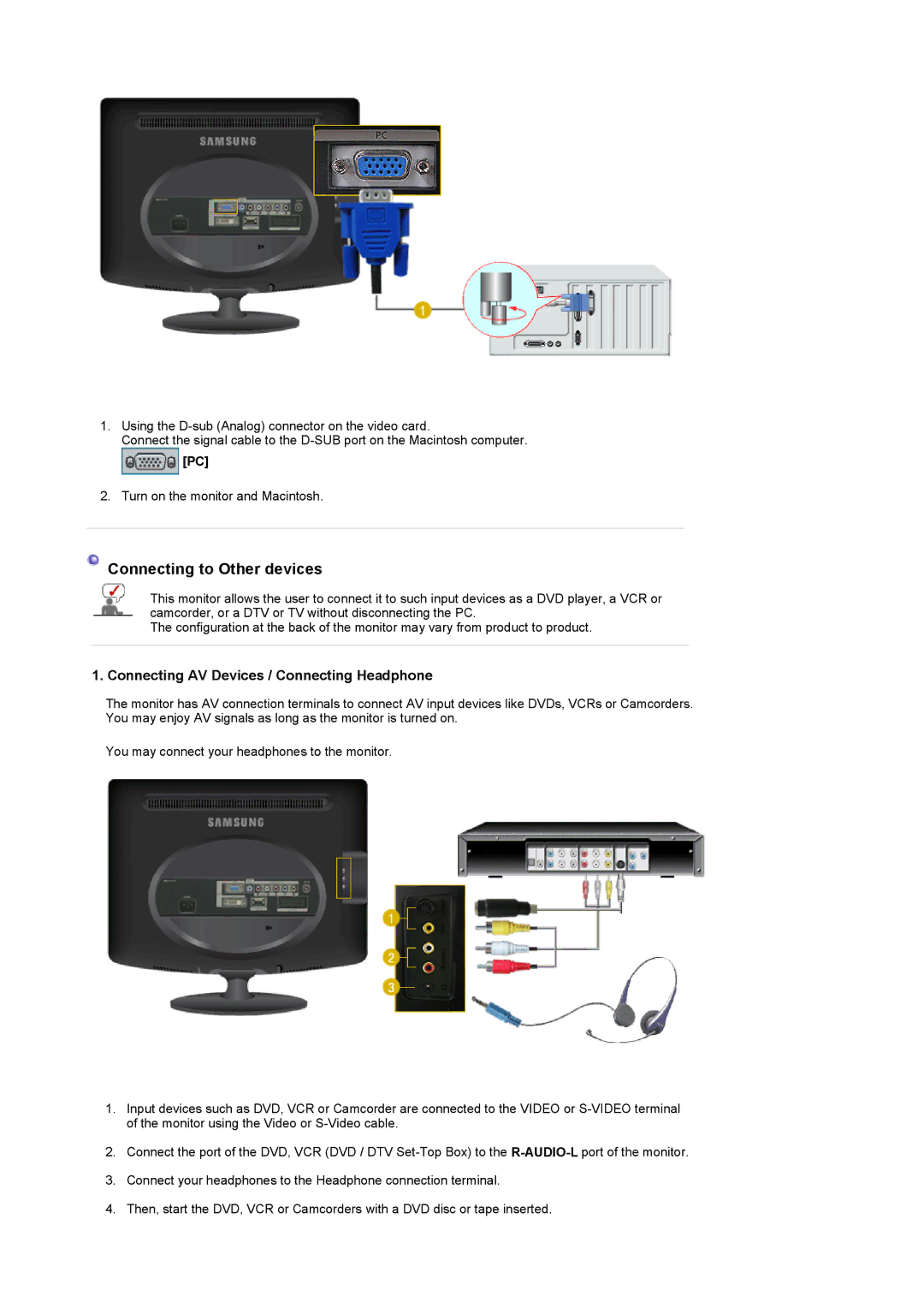 Samsung LS20PMASFT/EDC, LS20PMASF/EDC manual Connecting to Other devices, Connecting AV Devices / Connecting Headphone 
