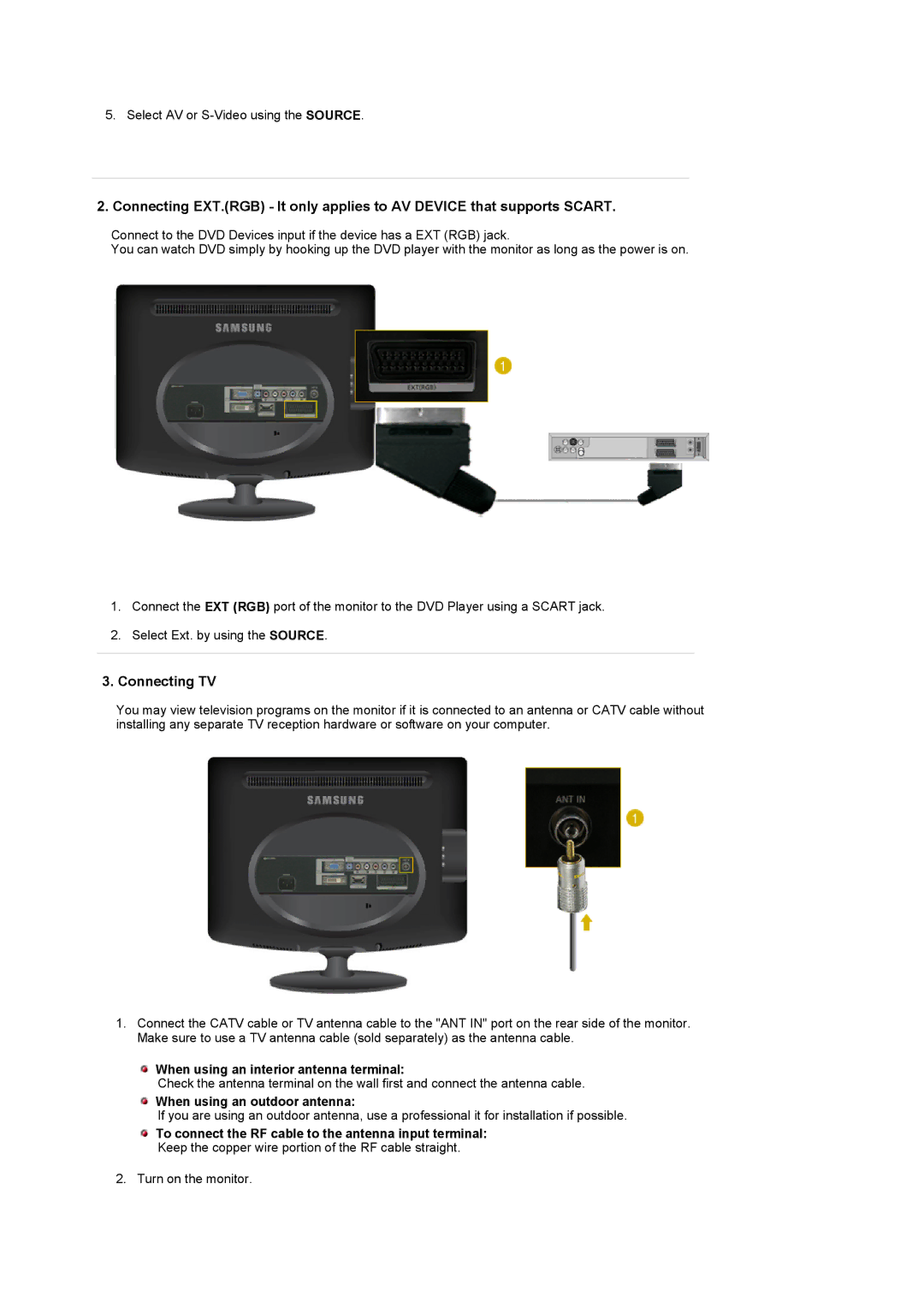 Samsung LS20PMASF/EDC manual Connecting TV, When using an interior antenna terminal, When using an outdoor antenna 