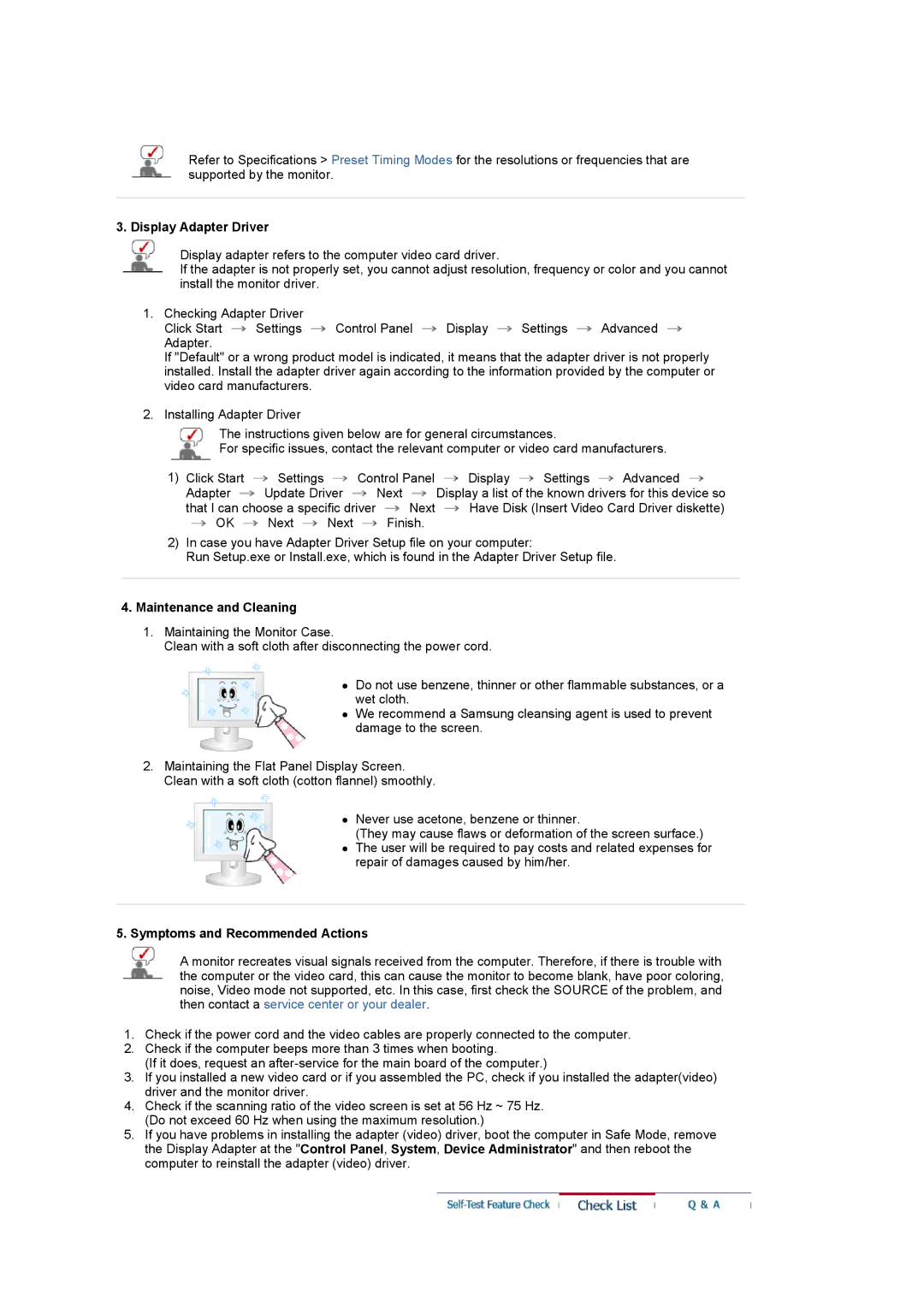 Samsung LS20PMASF/EDC, LS20PMASF6/EDC Display Adapter Driver, Maintenance and Cleaning, Symptoms and Recommended Actions 