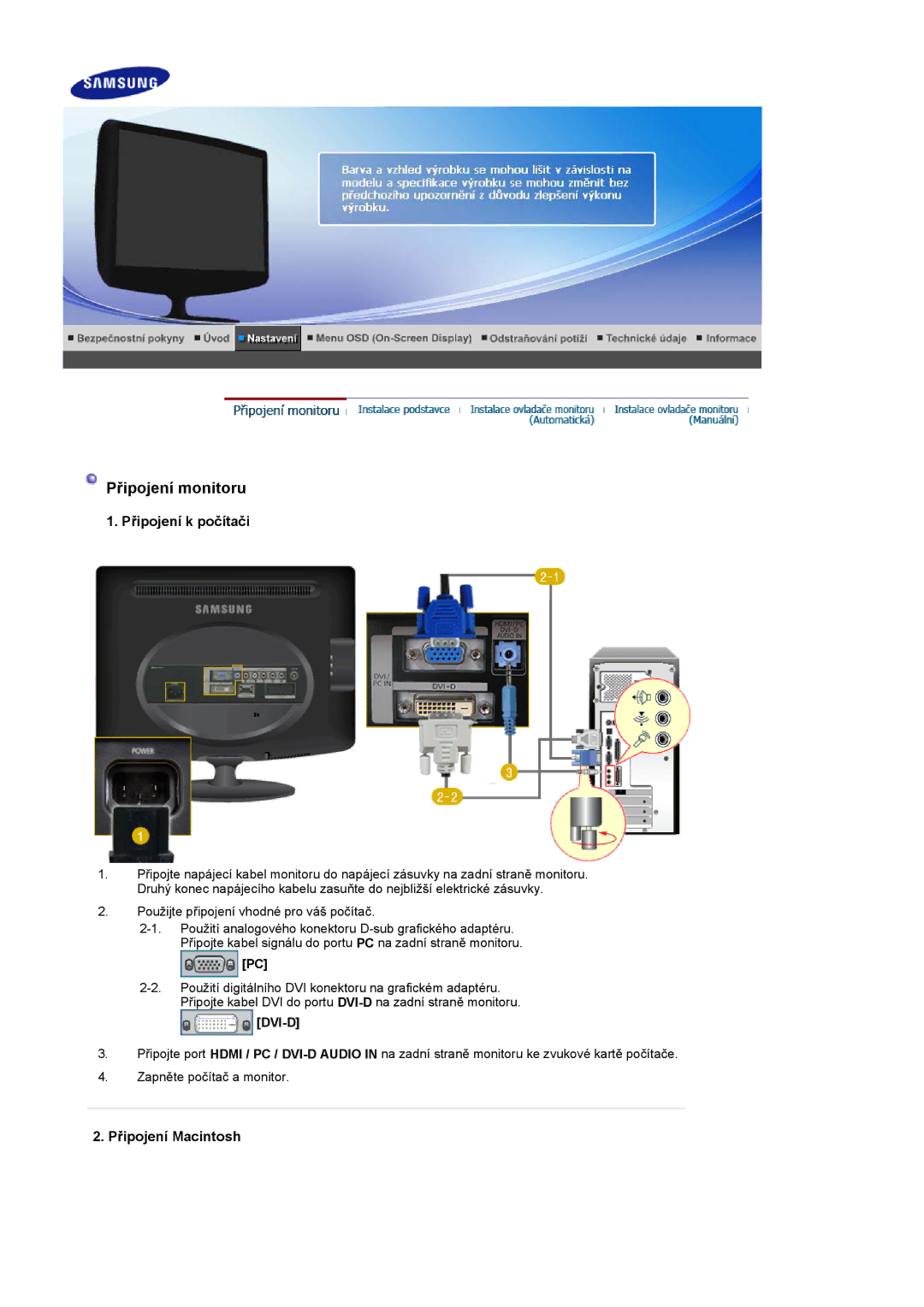 Samsung LS20PMASF/EDC manual Připojení k počítači, Připojení Macintosh 