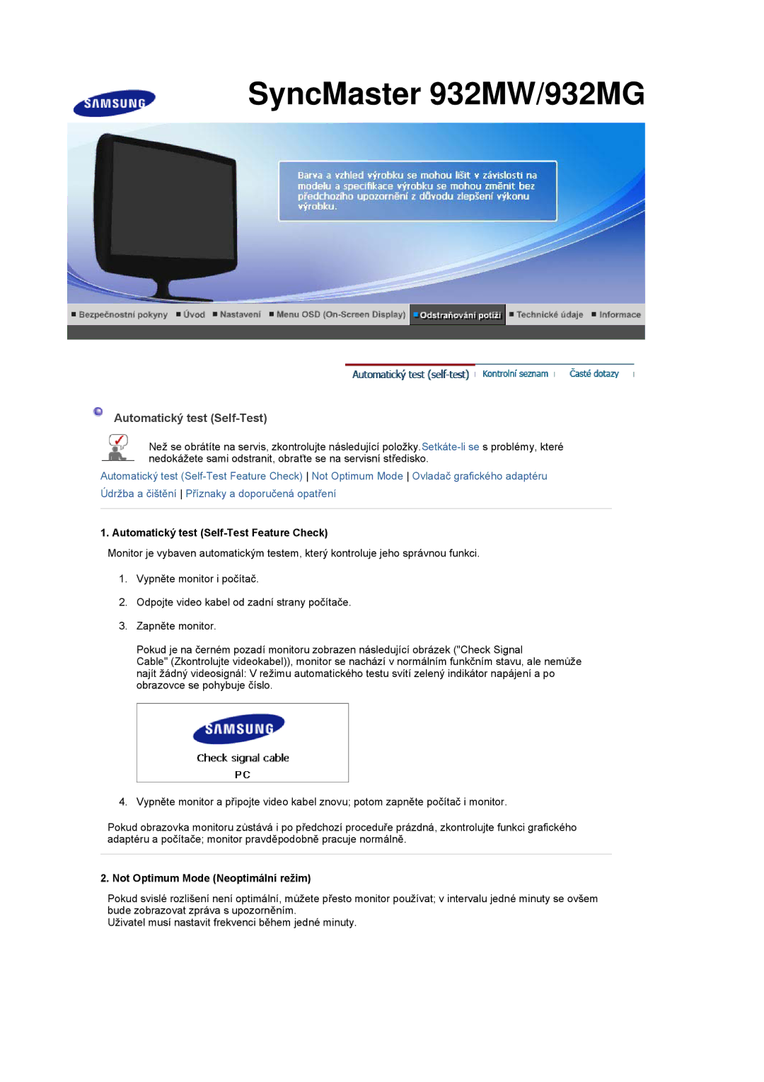 Samsung LS20PMASF/EDC manual Automatický test Self-Test Feature Check, Not Optimum Mode Neoptimální režim 