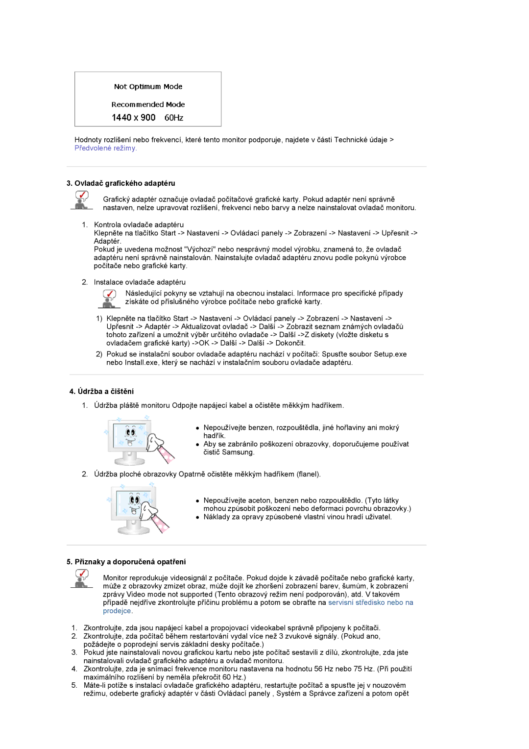 Samsung LS20PMASF/EDC manual Ovladač grafického adaptéru, Údržba a čištění, Příznaky a doporučená opatření 