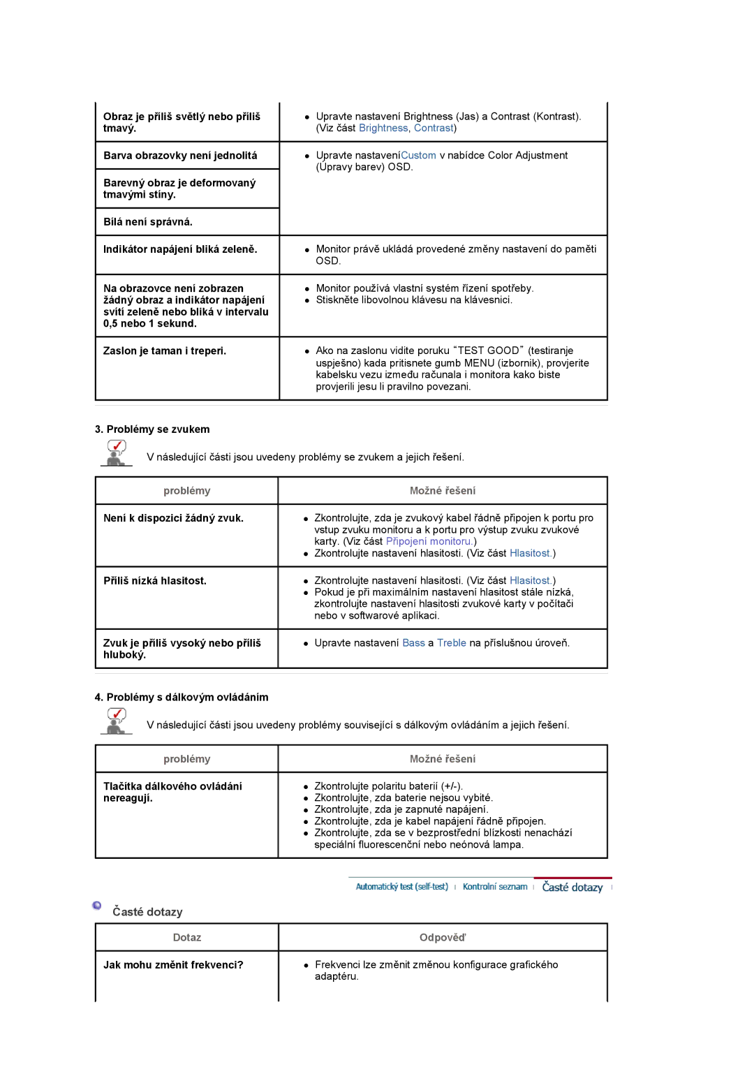 Samsung LS20PMASF/EDC manual Časté dotazy, Problémy se zvukem, Problémy s dálkovým ovládáním, Tlačítka dálkového ovládání 