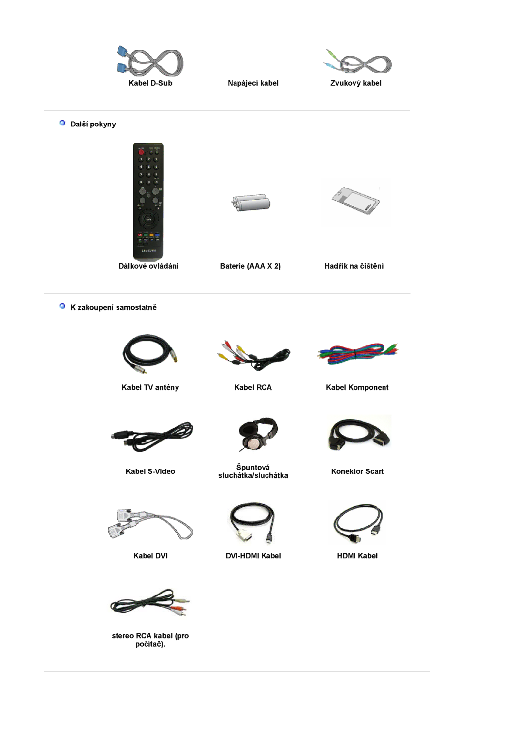 Samsung LS20PMASF/EDC manual Kabel D-Sub Napájecí kabel, Kabel S-Video 