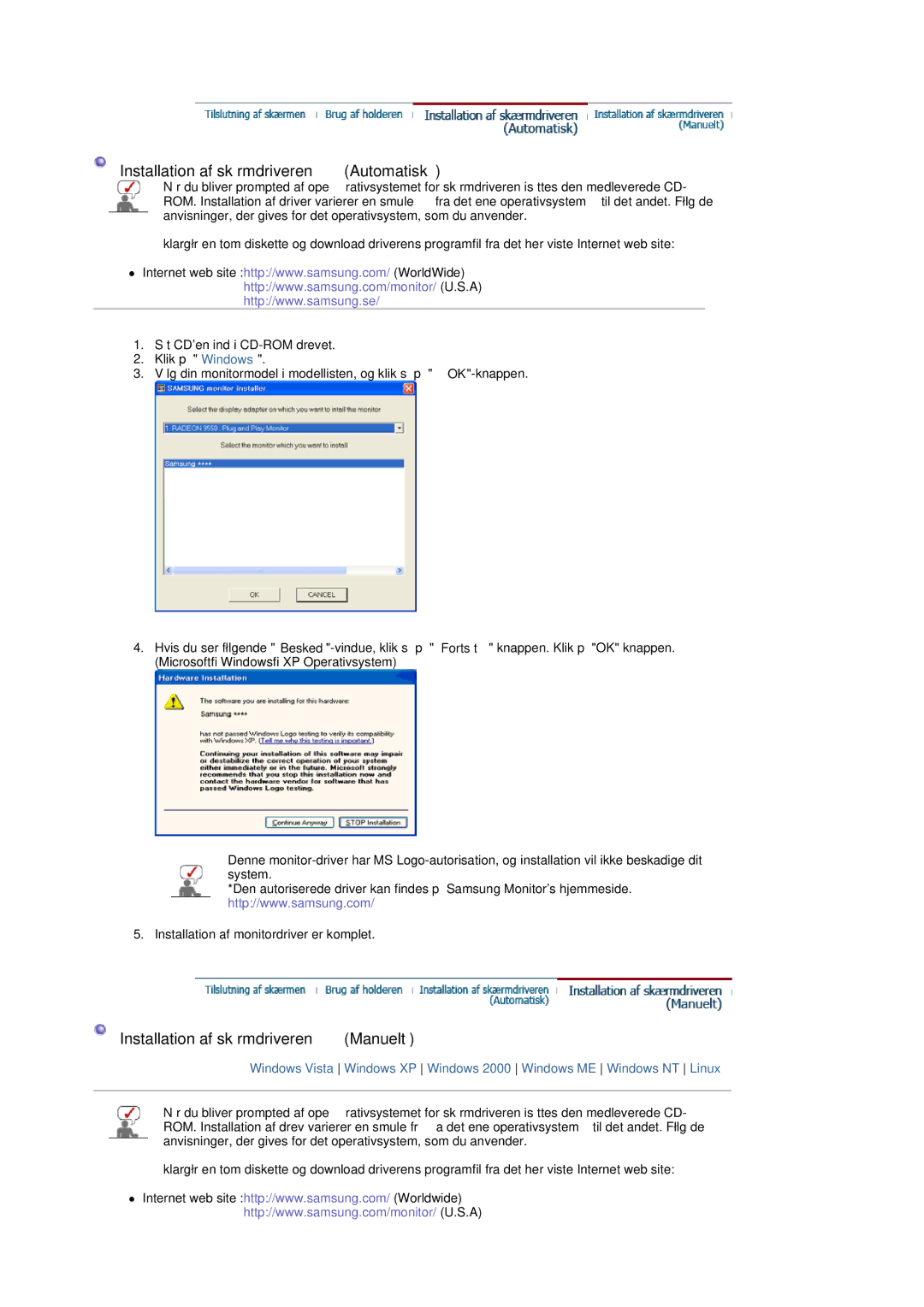 Samsung LS20PMASF/EDC manual Installation af skærmdriveren Automatisk 