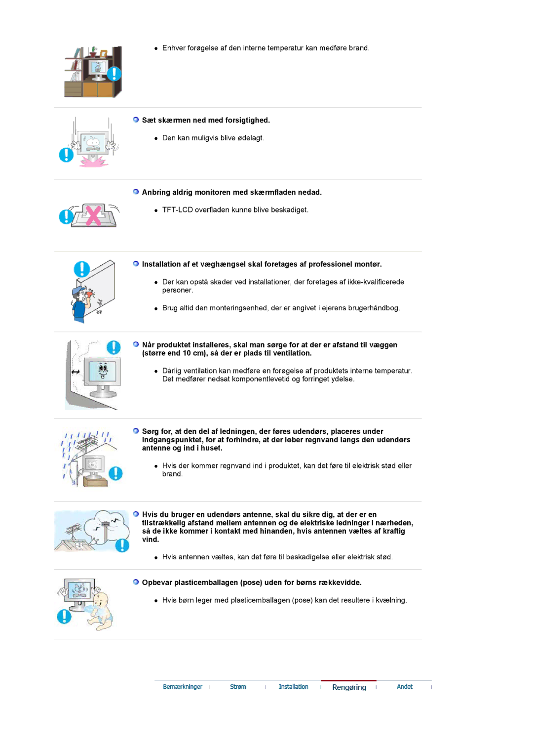 Samsung LS20PMASF/EDC manual Sæt skærmen ned med forsigtighed, Anbring aldrig monitoren med skærmfladen nedad 