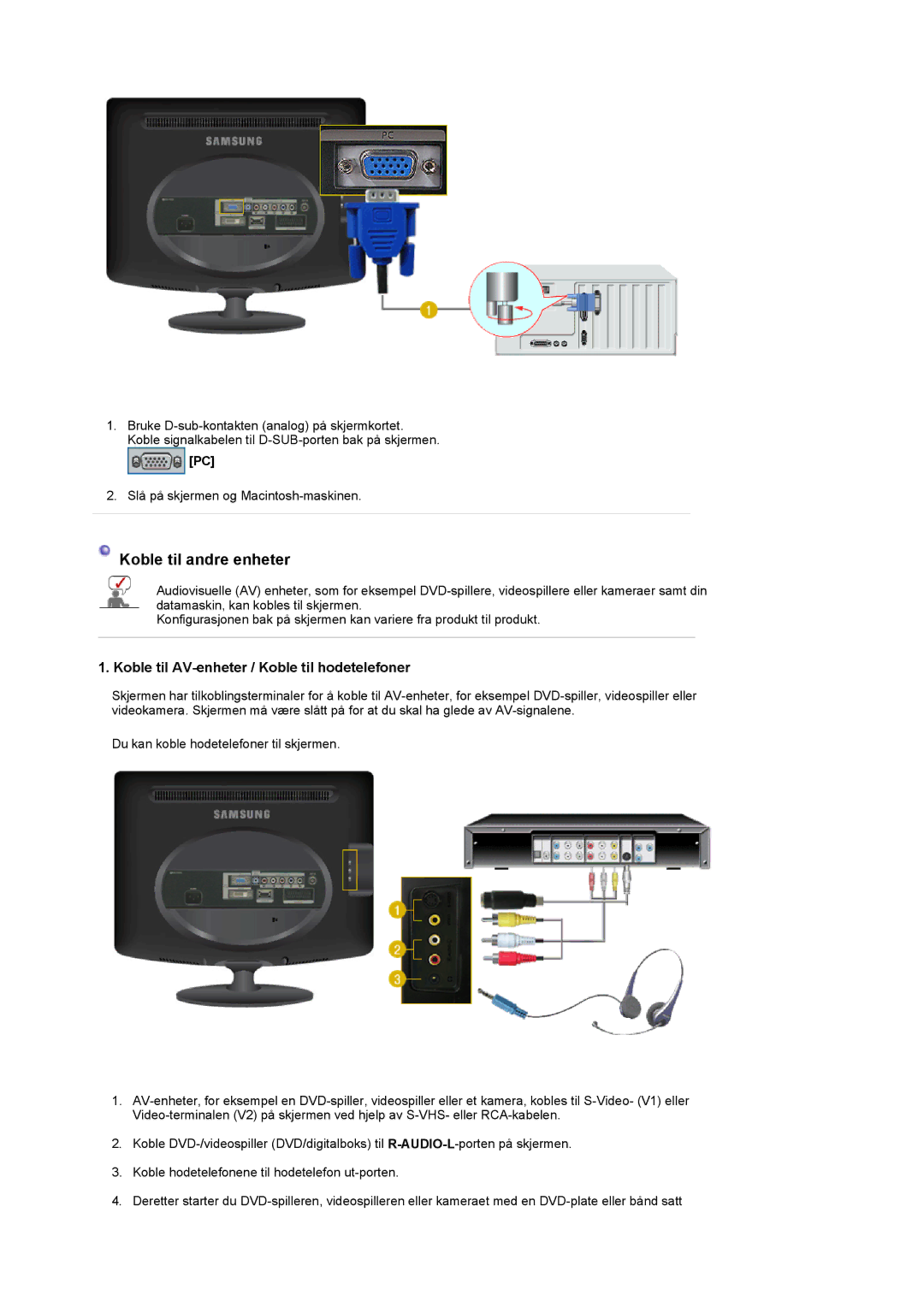 Samsung LS20PMASF/EDC manual Koble til andre enheter 