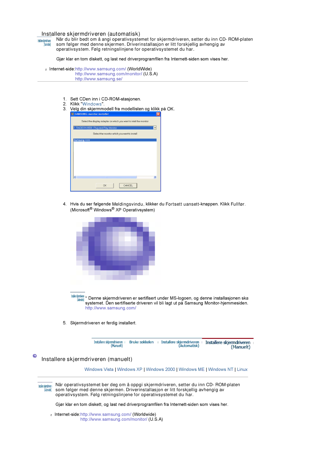 Samsung LS20PMASF/EDC manual Installere skjermdriveren automatisk 