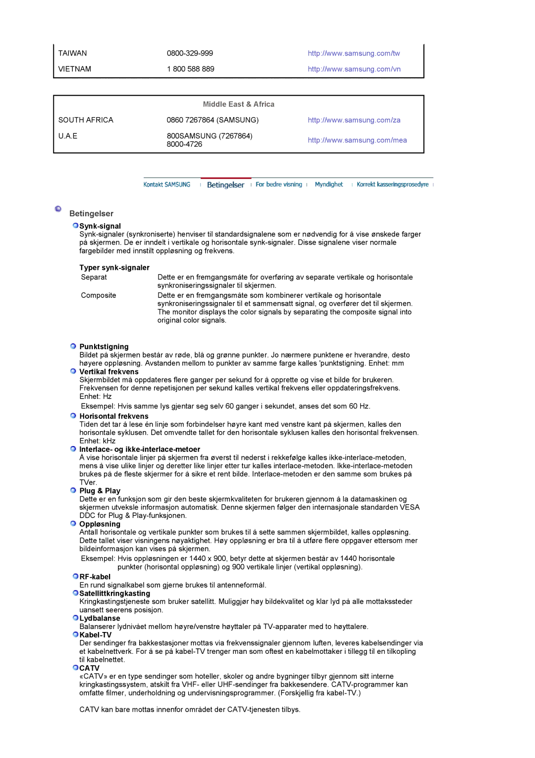 Samsung LS20PMASF/EDC manual Betingelser, Catv 