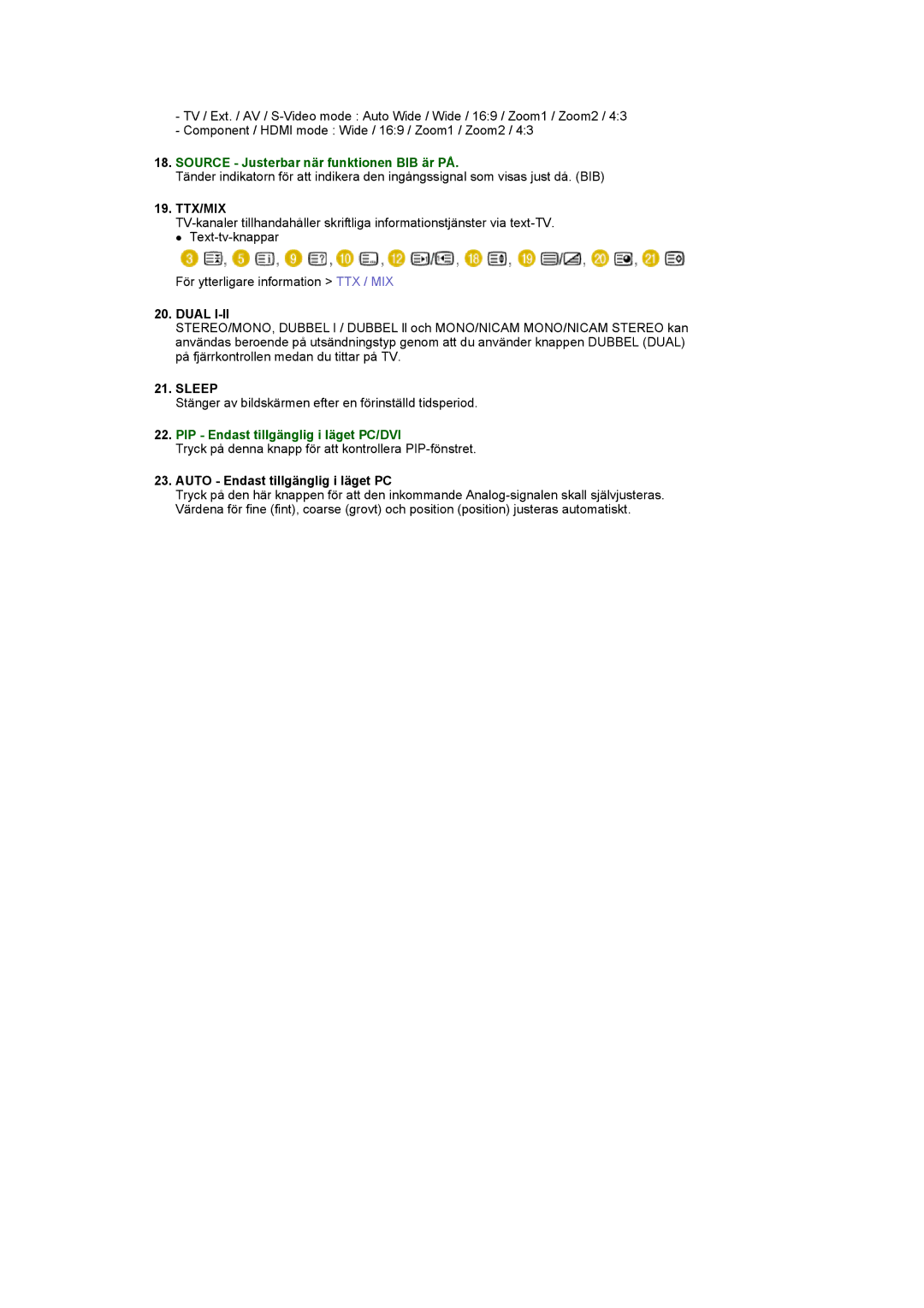 Samsung LS20PMASF/EDC manual Ttx/Mix, Auto Endast tillgänglig i läget PC 