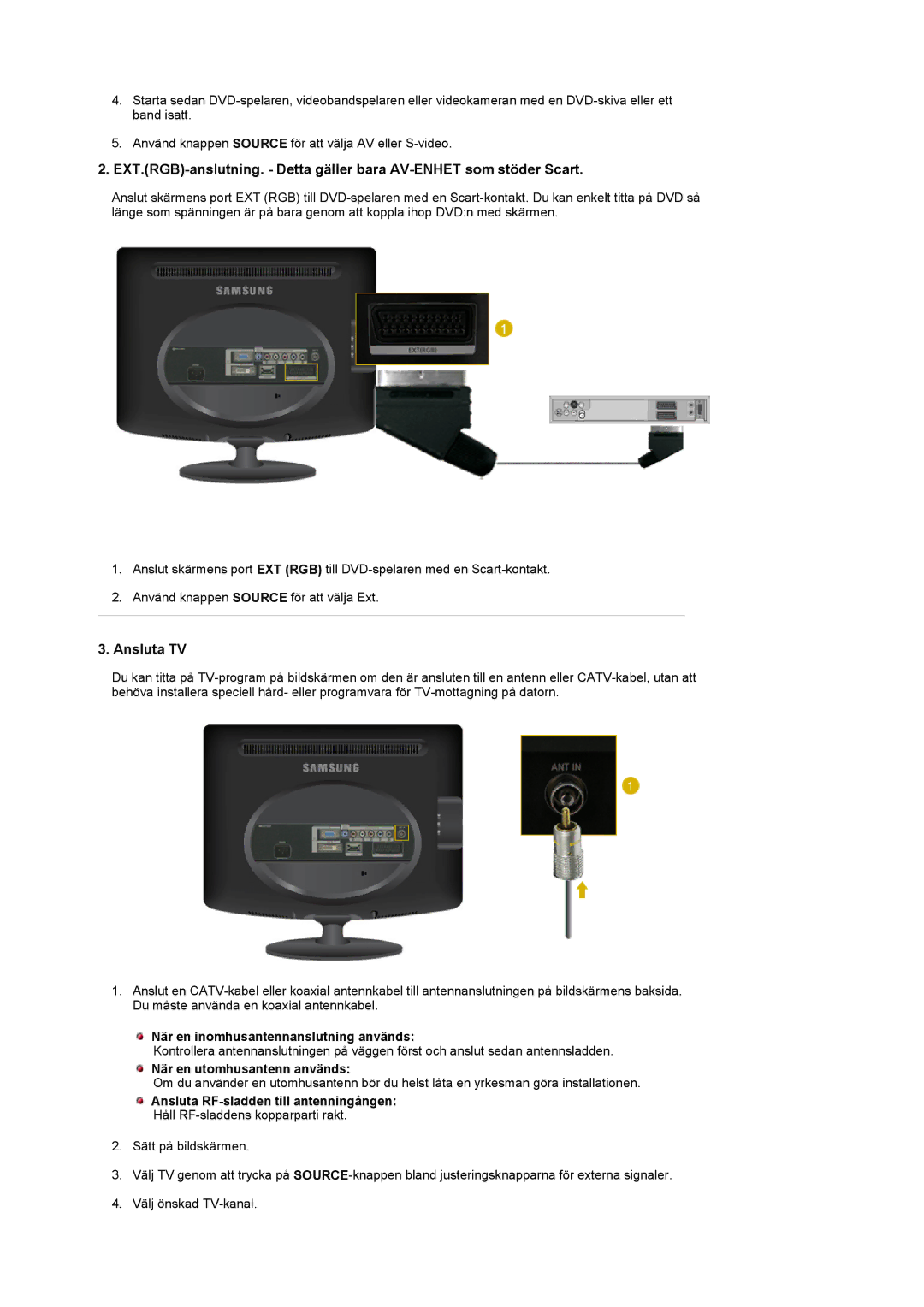 Samsung LS20PMASF/EDC manual När en inomhusantennanslutning används, När en utomhusantenn används 