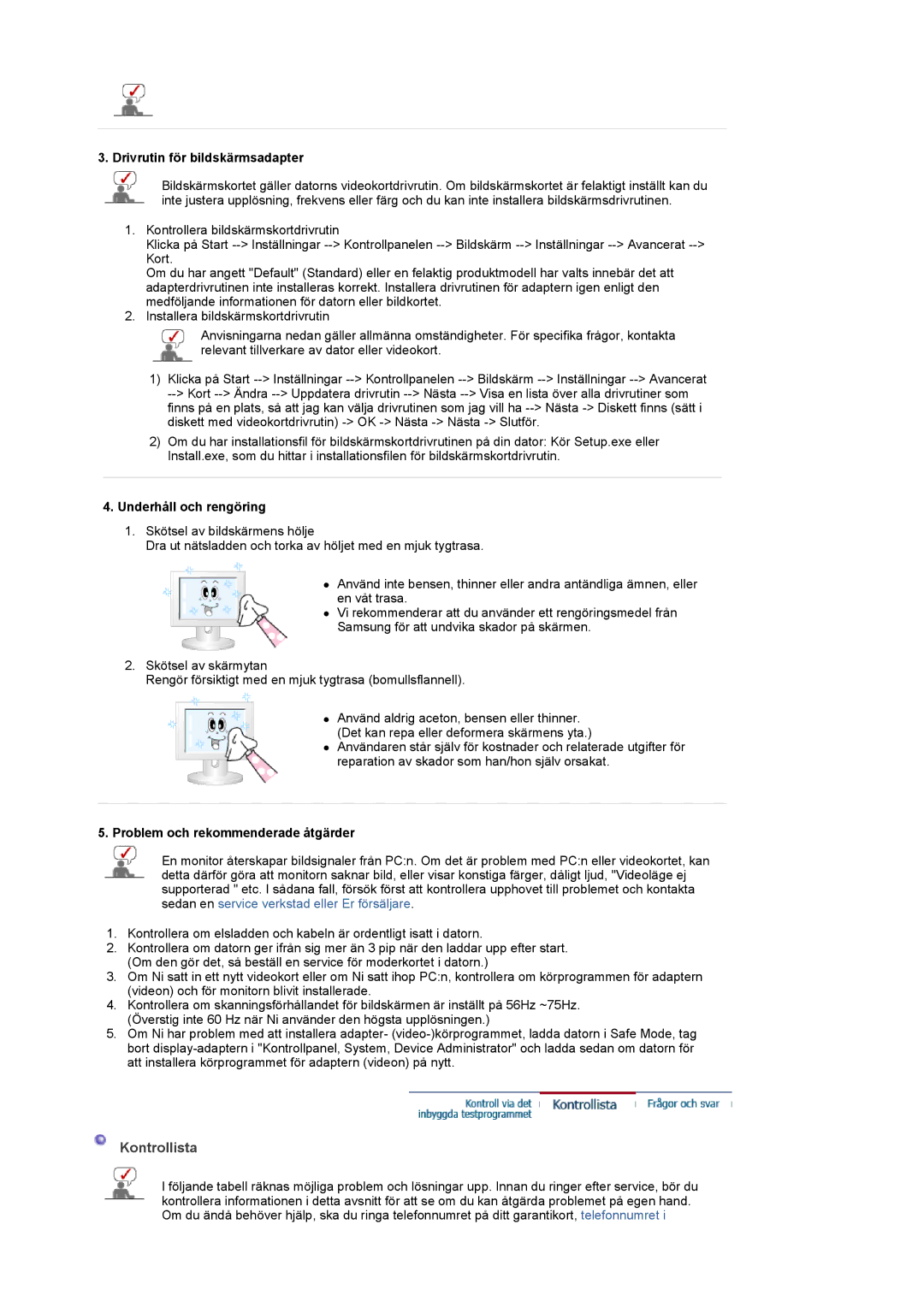 Samsung LS20PMASF/EDC manual Kontrollista, Drivrutin för bildskärmsadapter, Underhåll och rengöring 