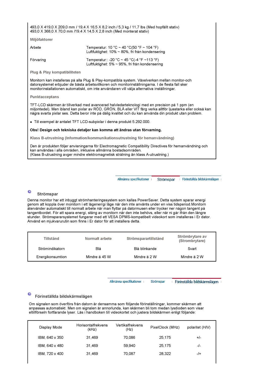 Samsung LS20PMASF/EDC manual Strömspar 