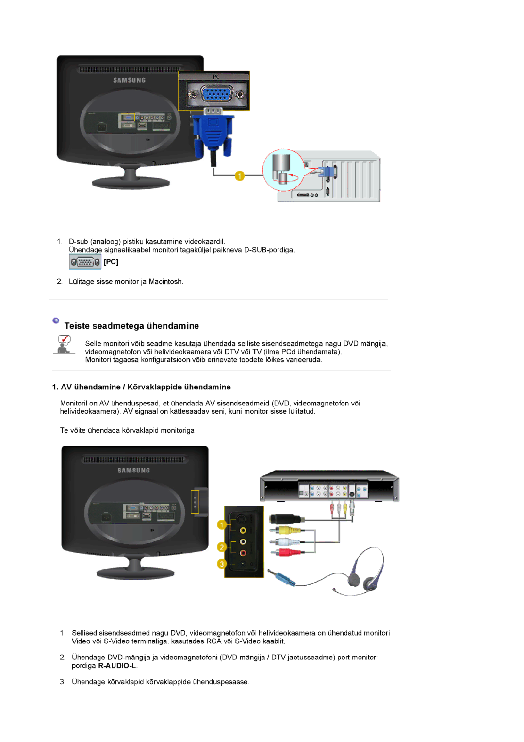 Samsung LS20PMASF/EDC manual Teiste seadmetega ühendamine, AV ühendamine / Kõrvaklappide ühendamine 