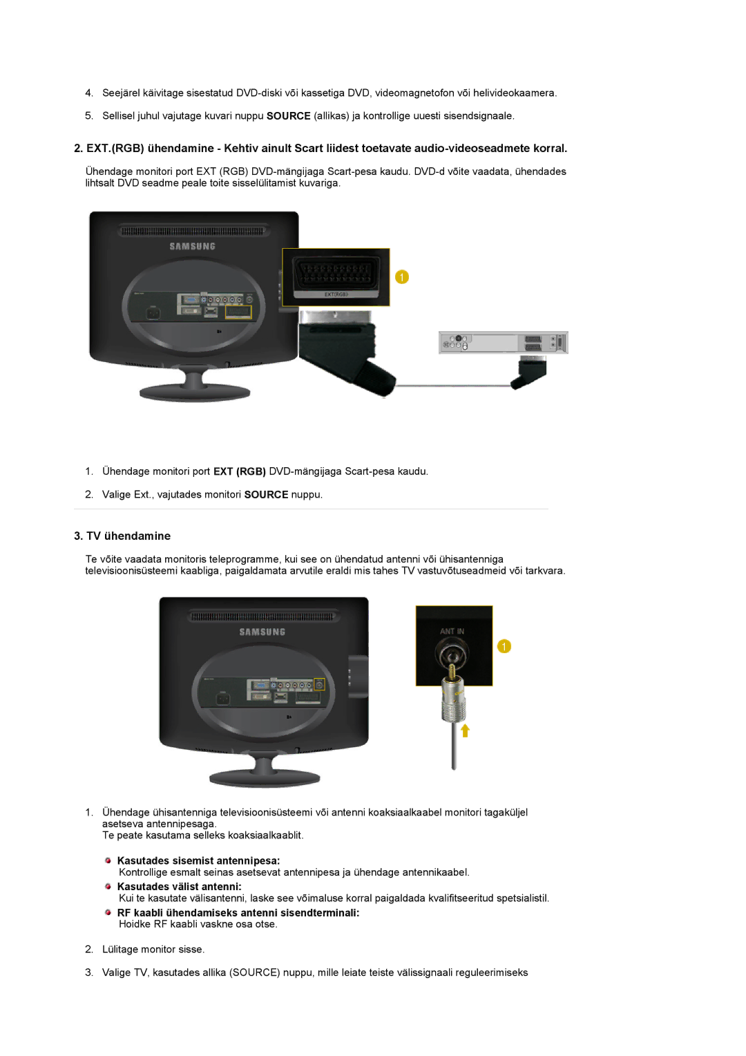 Samsung LS20PMASF/EDC manual TV ühendamine, Kasutades sisemist antennipesa, Kasutades välist antenni 