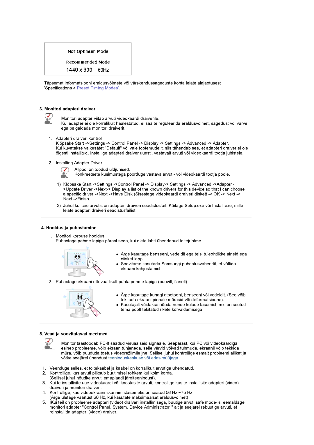 Samsung LS20PMASF/EDC manual Monitori adapteri draiver, Hooldus ja puhastamine, Vead ja soovitatavad meetmed 