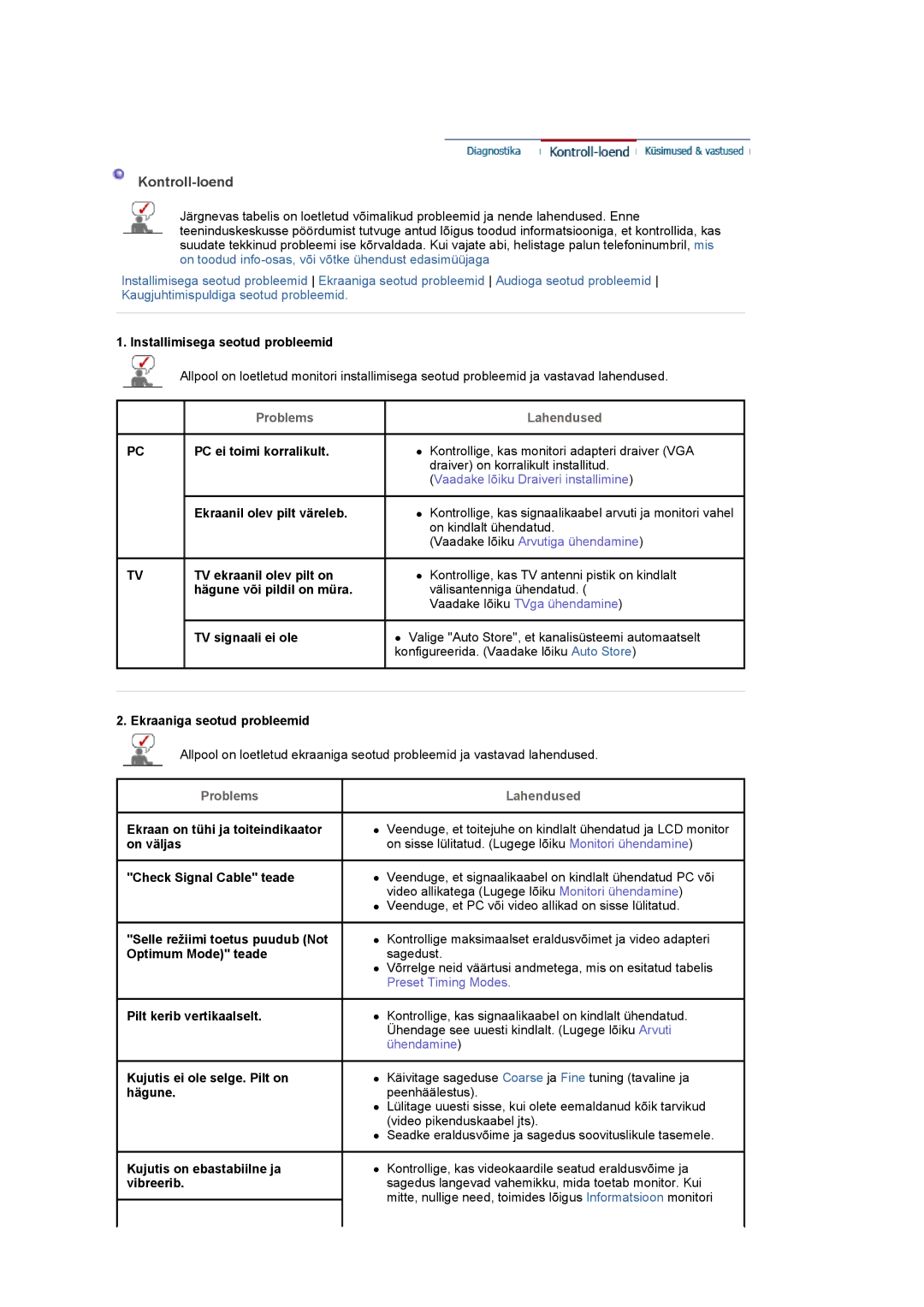 Samsung LS20PMASF/EDC manual Kontroll-loend, Problems Lahendused 