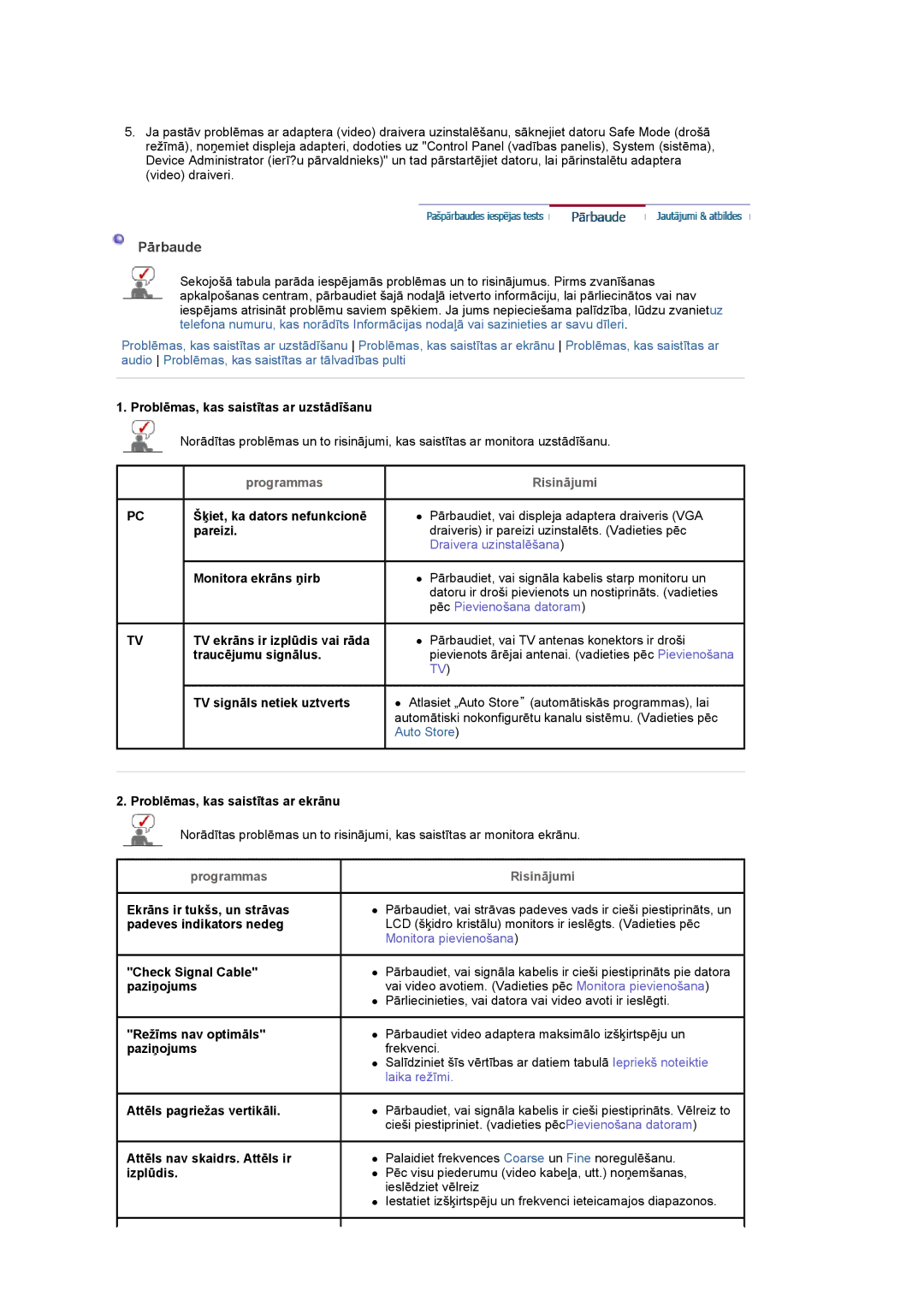 Samsung LS20PMASF/EDC manual Pārbaude, Programmas Risinājumi 