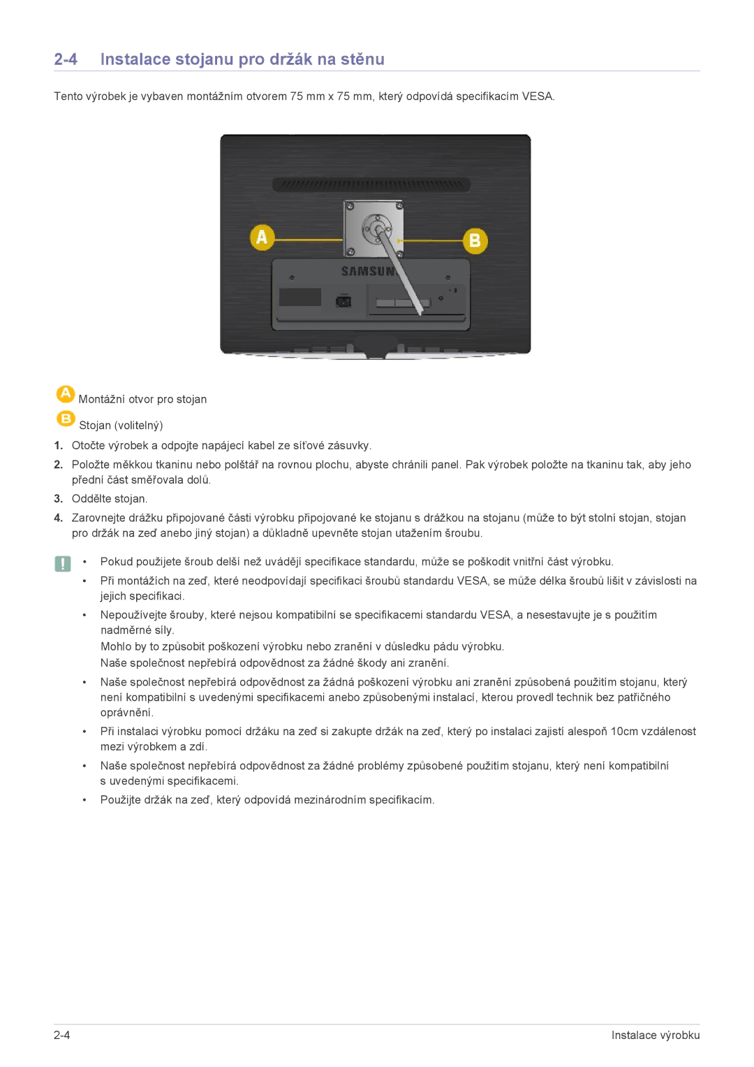 Samsung LS22PUYKFV/ZW, LS20PUZKF/EN, LS22PUYKFHEN, LS22PUKKF/EN, LS22PUYKF/EN manual Instalace stojanu pro držák na stěnu 