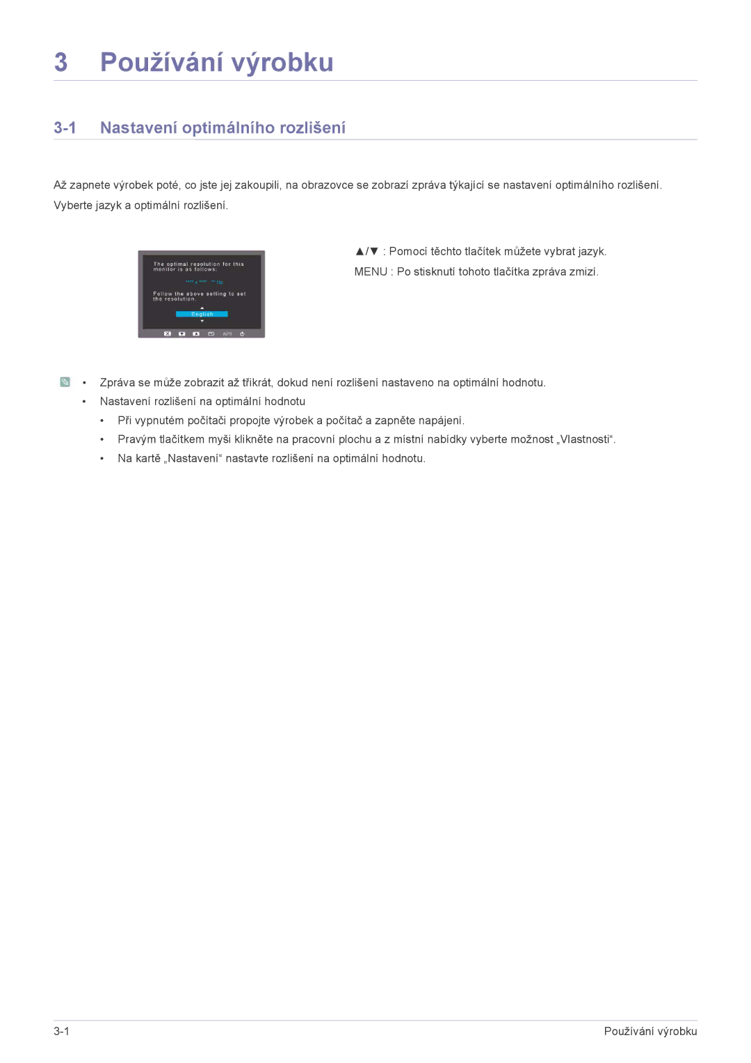 Samsung LS22PUYKF/EN, LS20PUZKF/EN, LS22PUYKFHEN, LS22PUKKF/EN manual Používání výrobku, Nastavení optimálního rozlišení 