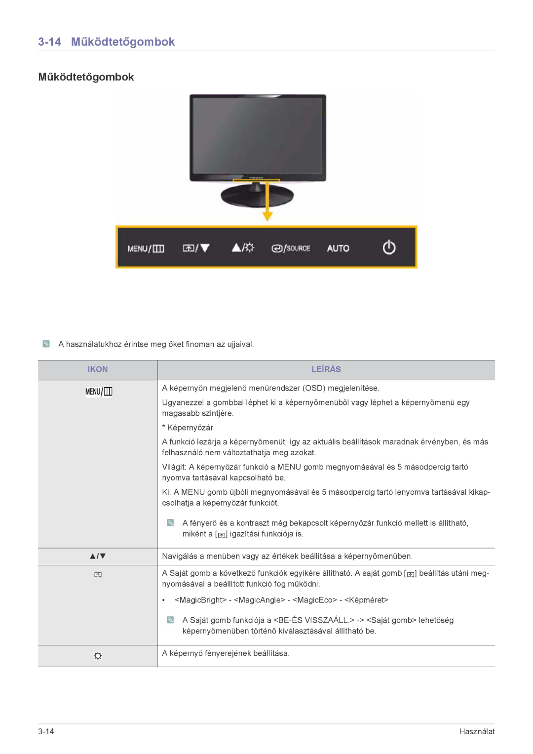 Samsung LS19PUYKF/EN, LS20PUZKF/EN, LS22PUYKFHEN, LS22PUKKF/EN, LS22PUYKF/EN, LS23PUHKF/EN 14 Működtetőgombok, Ikon Leírás 