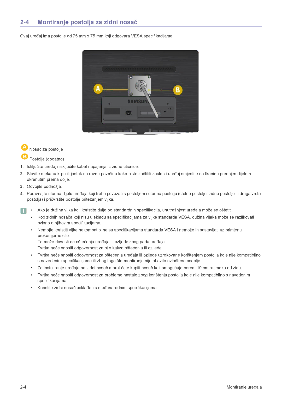 Samsung LS24PULKF/EN, LS20PUZKF/EN, LS22PUYKFHEN, LS22PUKKF/EN, LS22PUYKF/EN, LS19PUYKF/EN Montiranje postolja za zidni nosač 