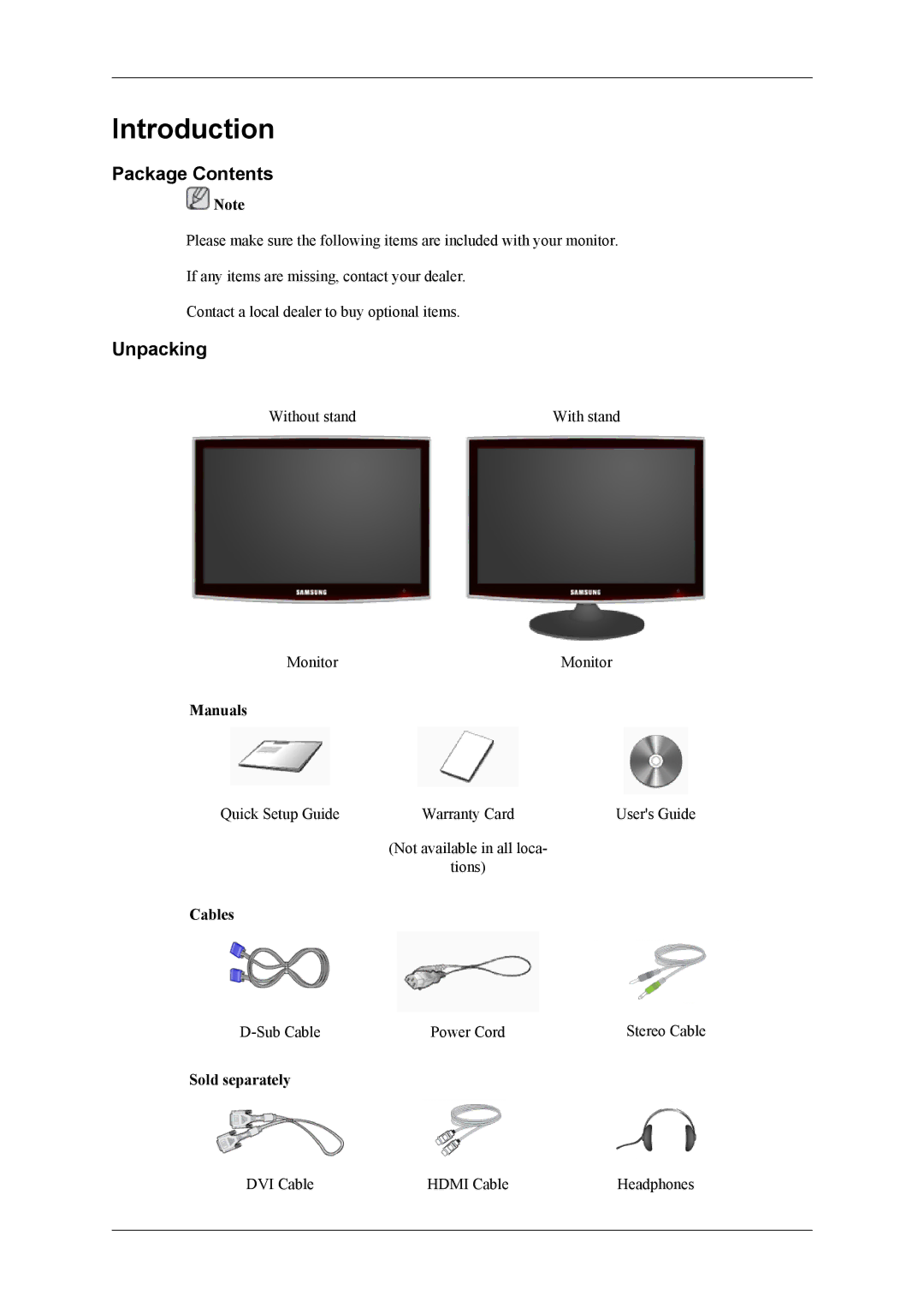 Samsung LS22TDDSUV/EN, LS20TDDSUV/EN, LS22TDDSU/ZN manual Introduction, Package Contents, Unpacking 