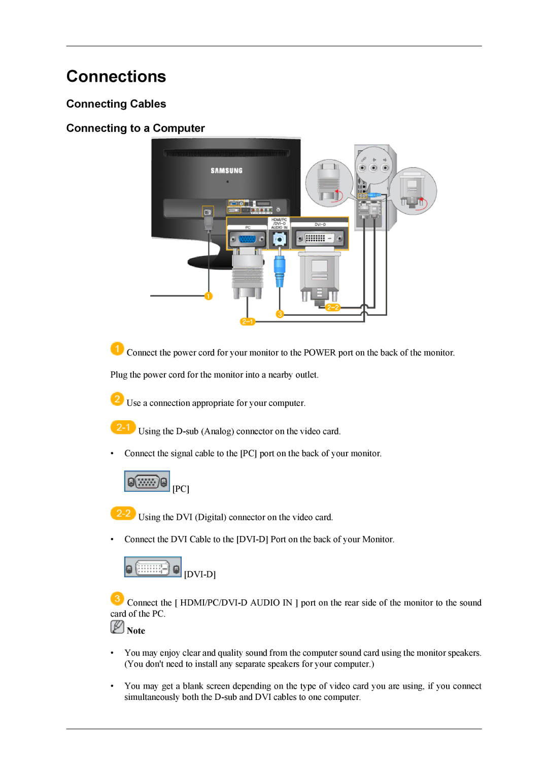 Samsung LS22TDDSUV/EN, LS20TDDSUV/EN, LS22TDDSU/ZN manual Connections, Connecting Cables Connecting to a Computer 