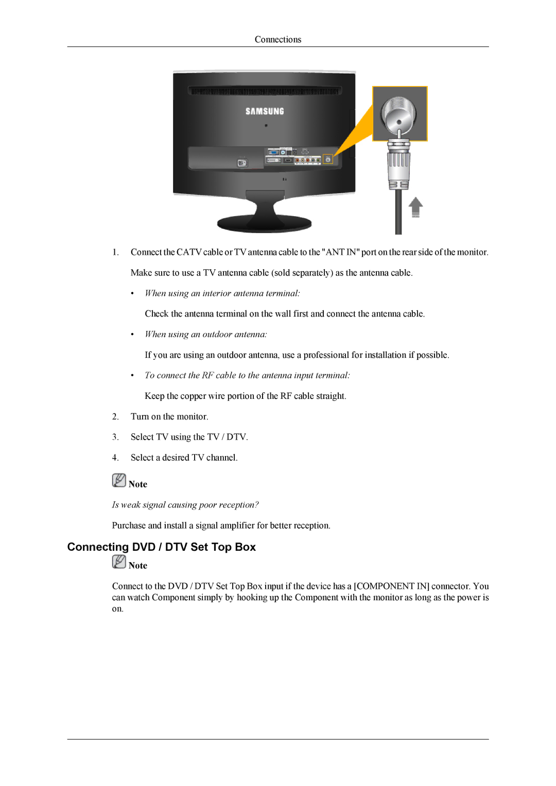 Samsung LS20TDDSUV/EN, LS22TDDSUV/EN, LS22TDDSU/ZN manual Connecting DVD / DTV Set Top Box, When using an outdoor antenna 