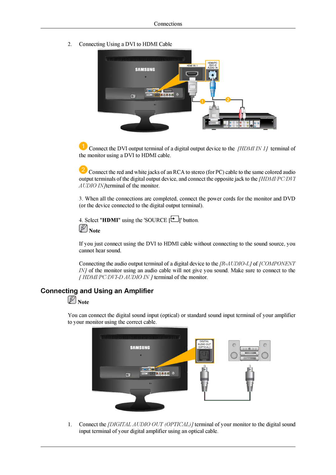 Samsung LS22TDDSU/ZN, LS20TDDSUV/EN, LS22TDDSUV/EN manual Connecting and Using an Amplifier 