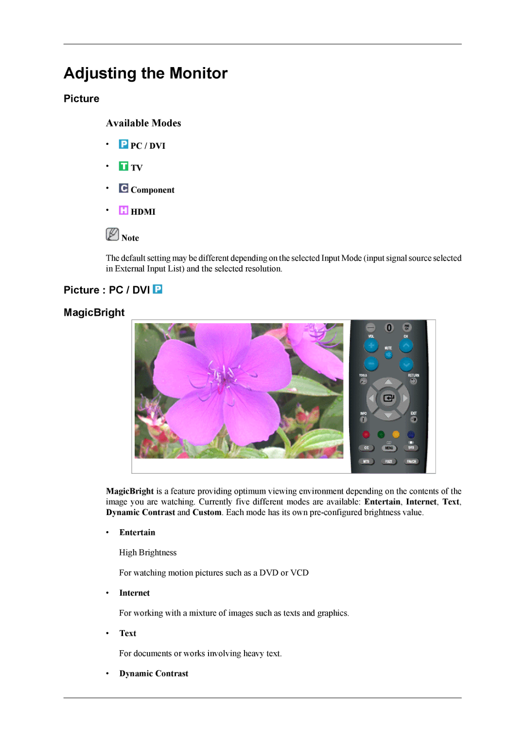 Samsung LS22TDDSU/ZN, LS20TDDSUV/EN, LS22TDDSUV/EN manual Adjusting the Monitor, Picture PC / DVI MagicBright 