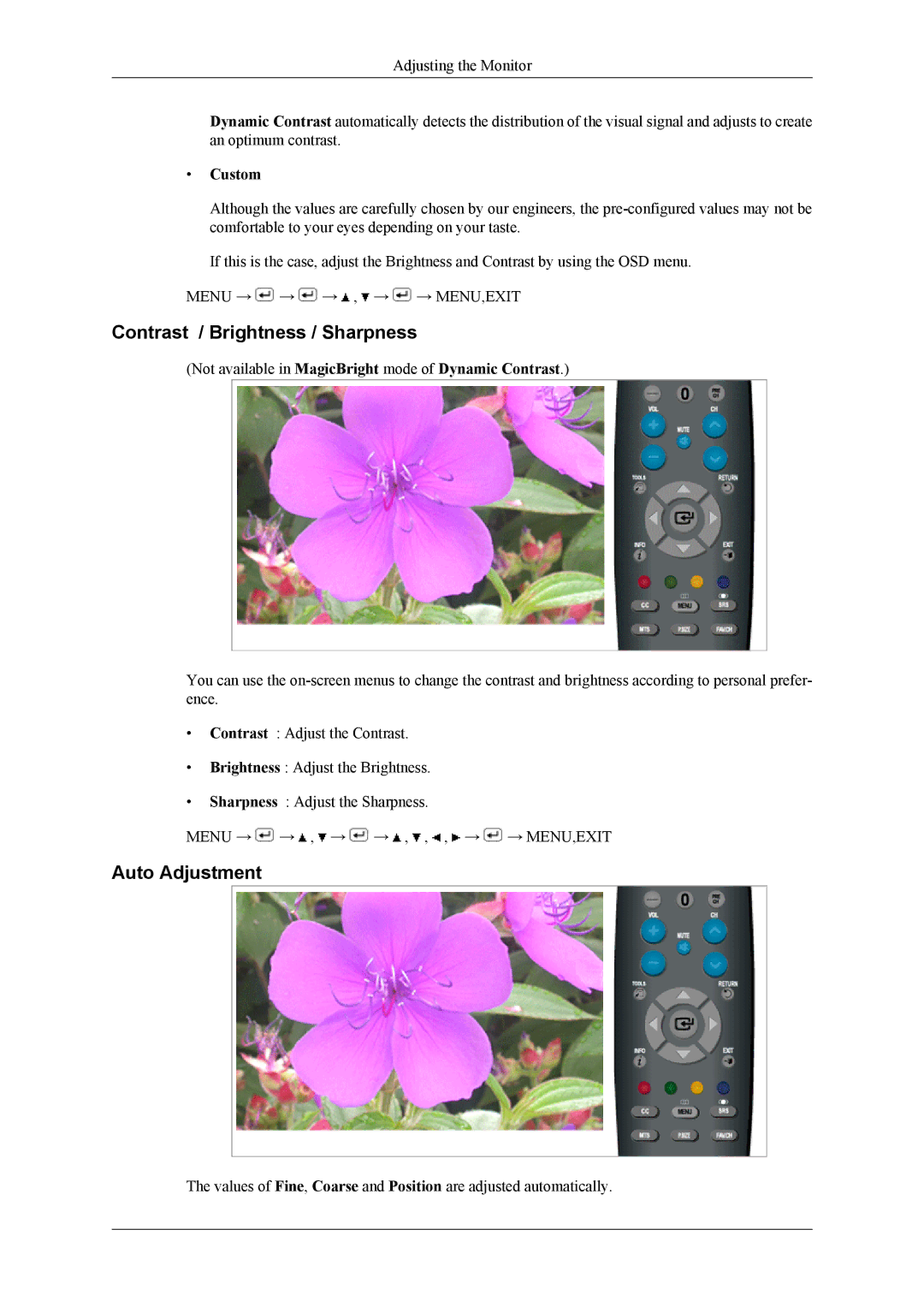 Samsung LS20TDDSUV/EN, LS22TDDSUV/EN, LS22TDDSU/ZN manual Contrast / Brightness / Sharpness, Auto Adjustment, Custom 